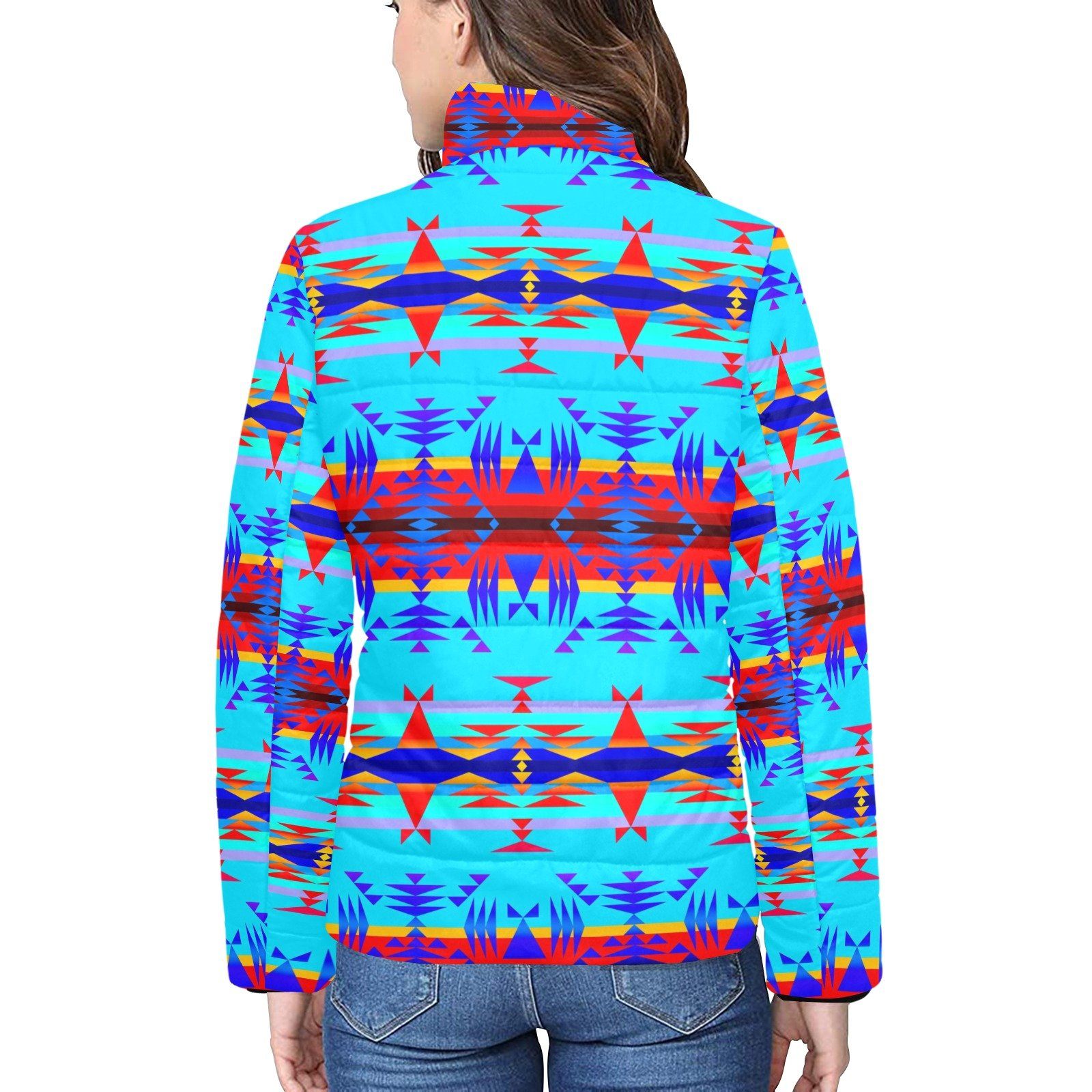 Between the Mountains Blue Women's Stand Collar Padded Jacket (Model H41) jacket e-joyer
