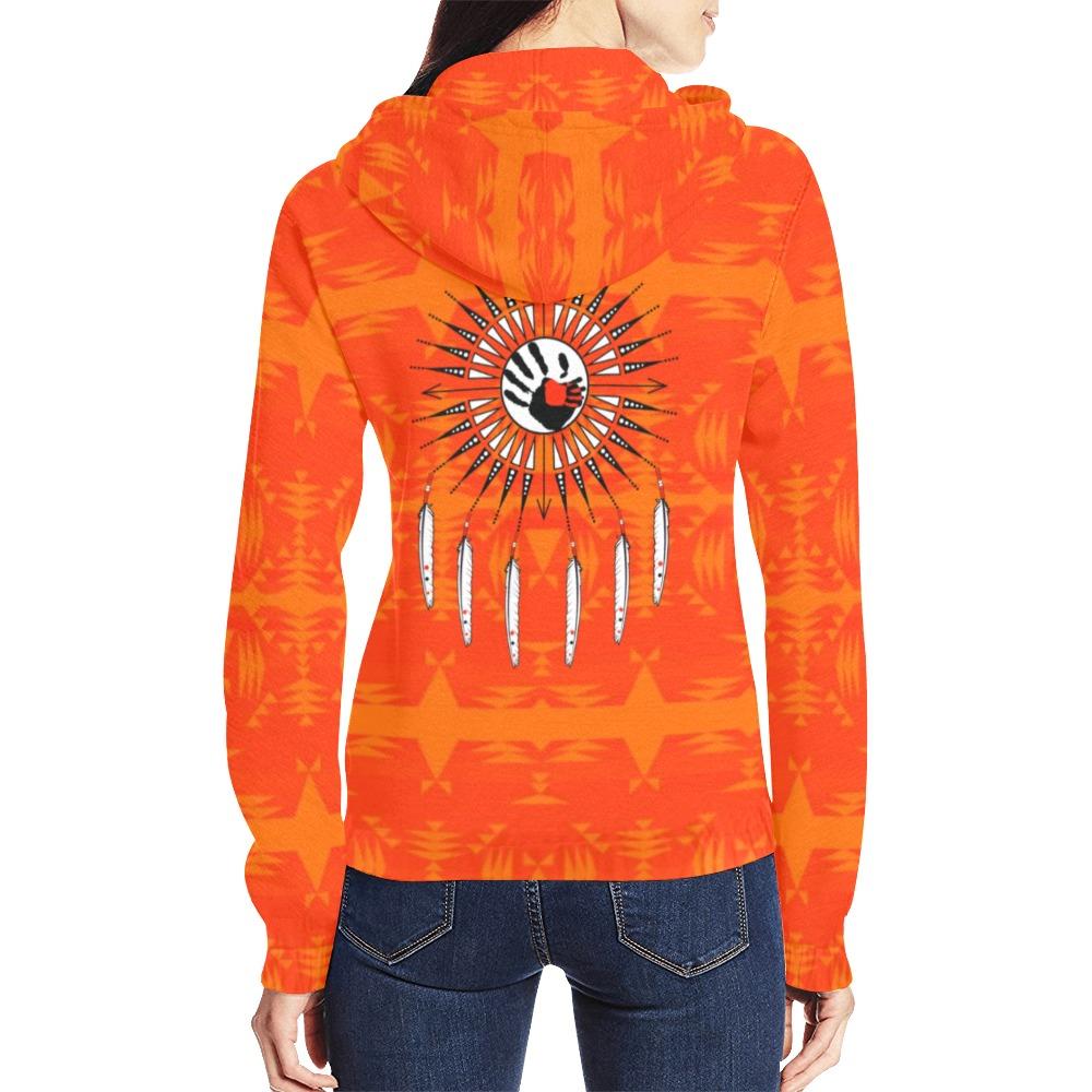 Between the Mountains Orange Feather Directions All Over Print Full Zip Hoodie for Women (Model H14) All Over Print Full Zip Hoodie for Women (H14) e-joyer