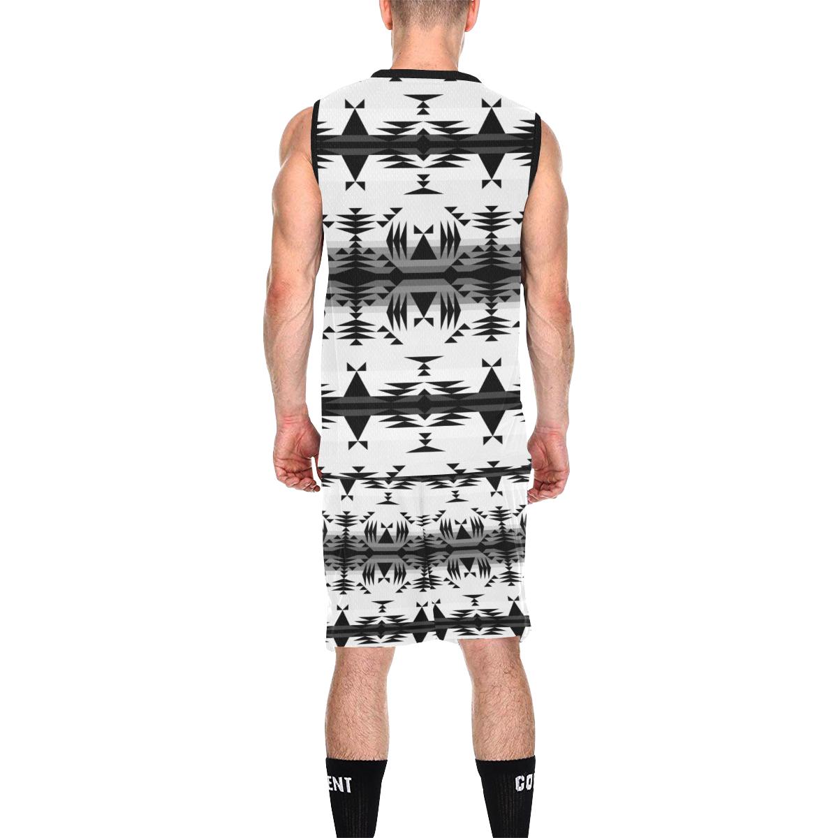 Between the Mountains White and Black All Over Print Basketball Uniform Basketball Uniform e-joyer 