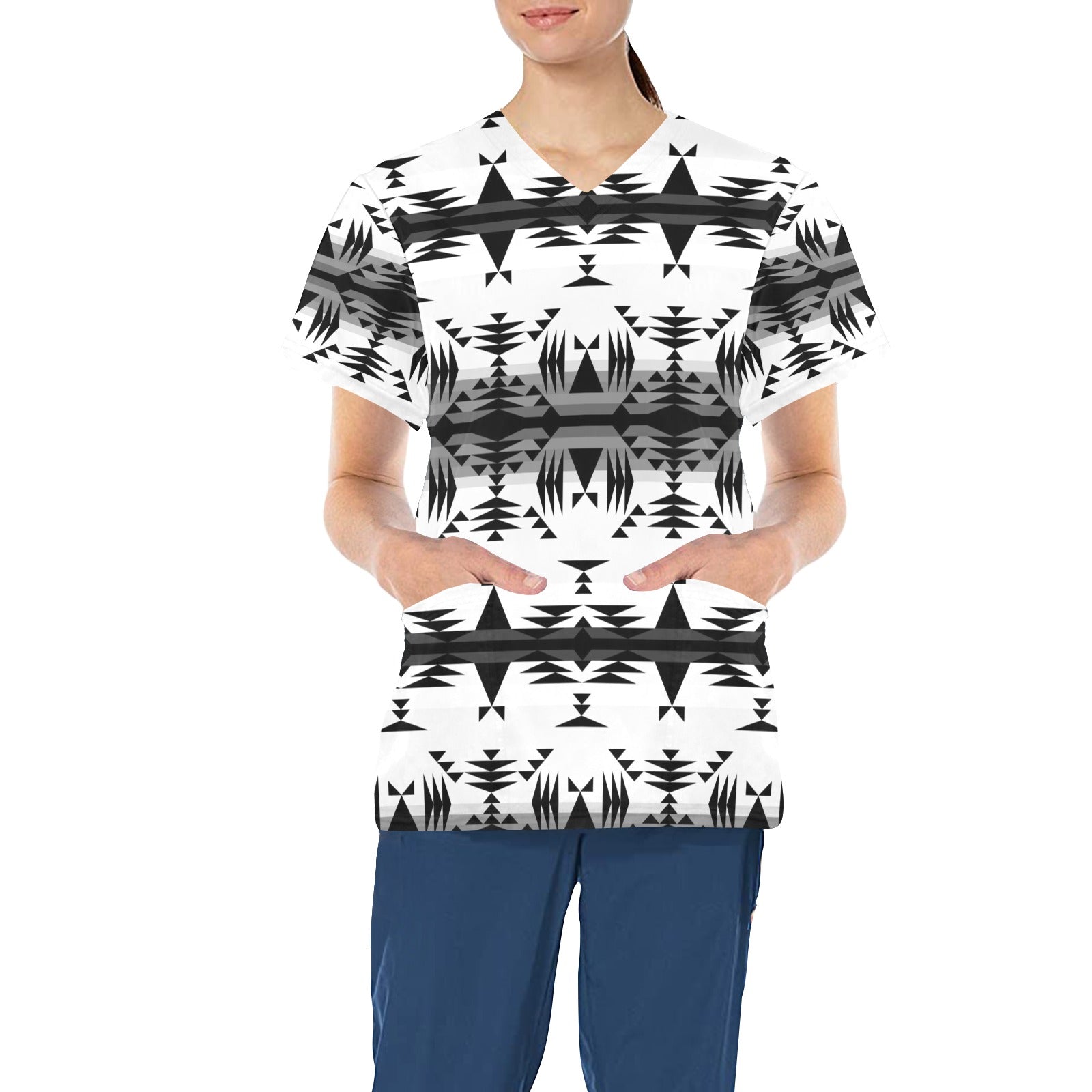 Between the Mountains White and Black All Over Print Scrub Top Scrub Top e-joyer 