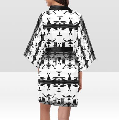 Between the Mountains White and Black Kimono Robe Artsadd