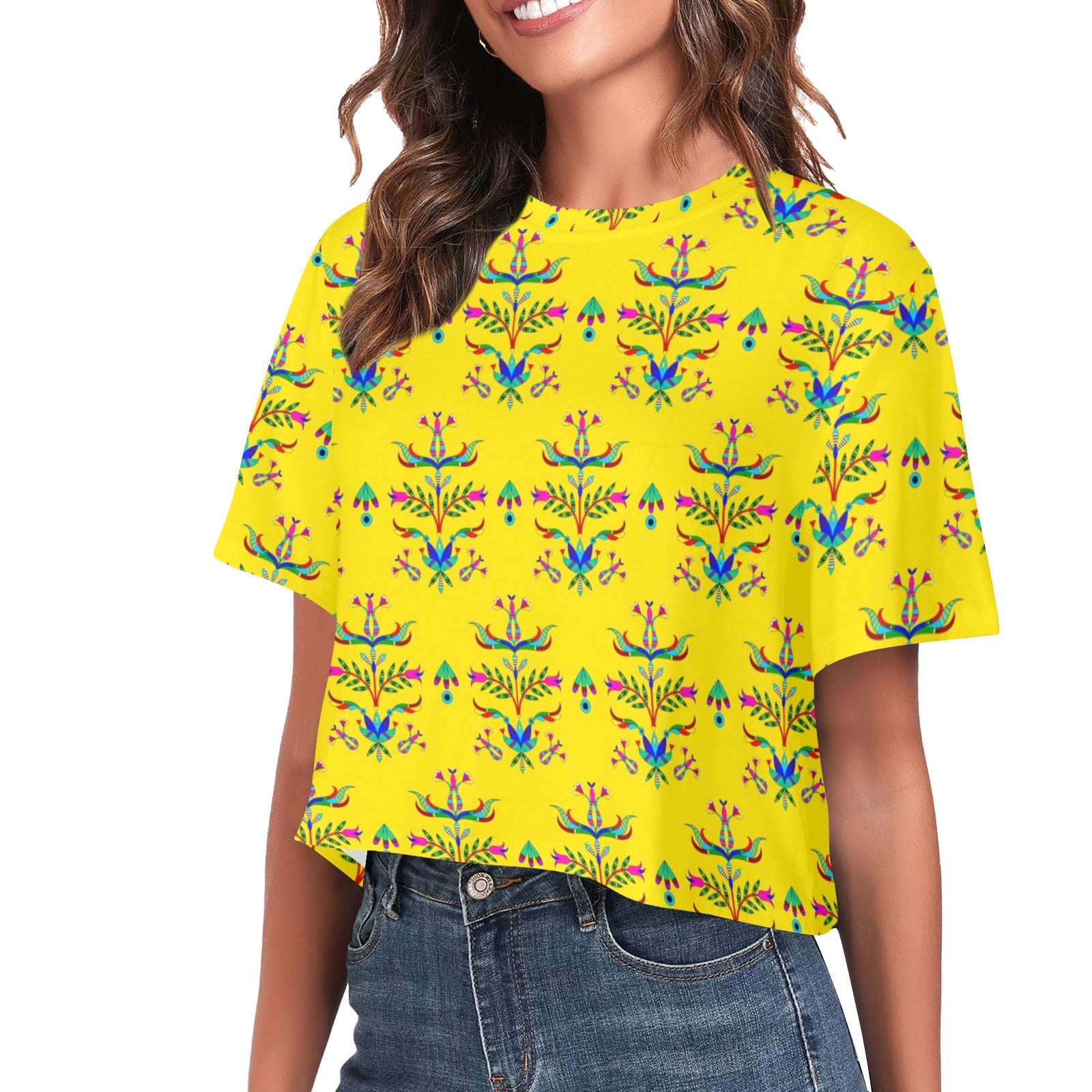 Dakota Damask Yellow Women's Cropped T-shirt