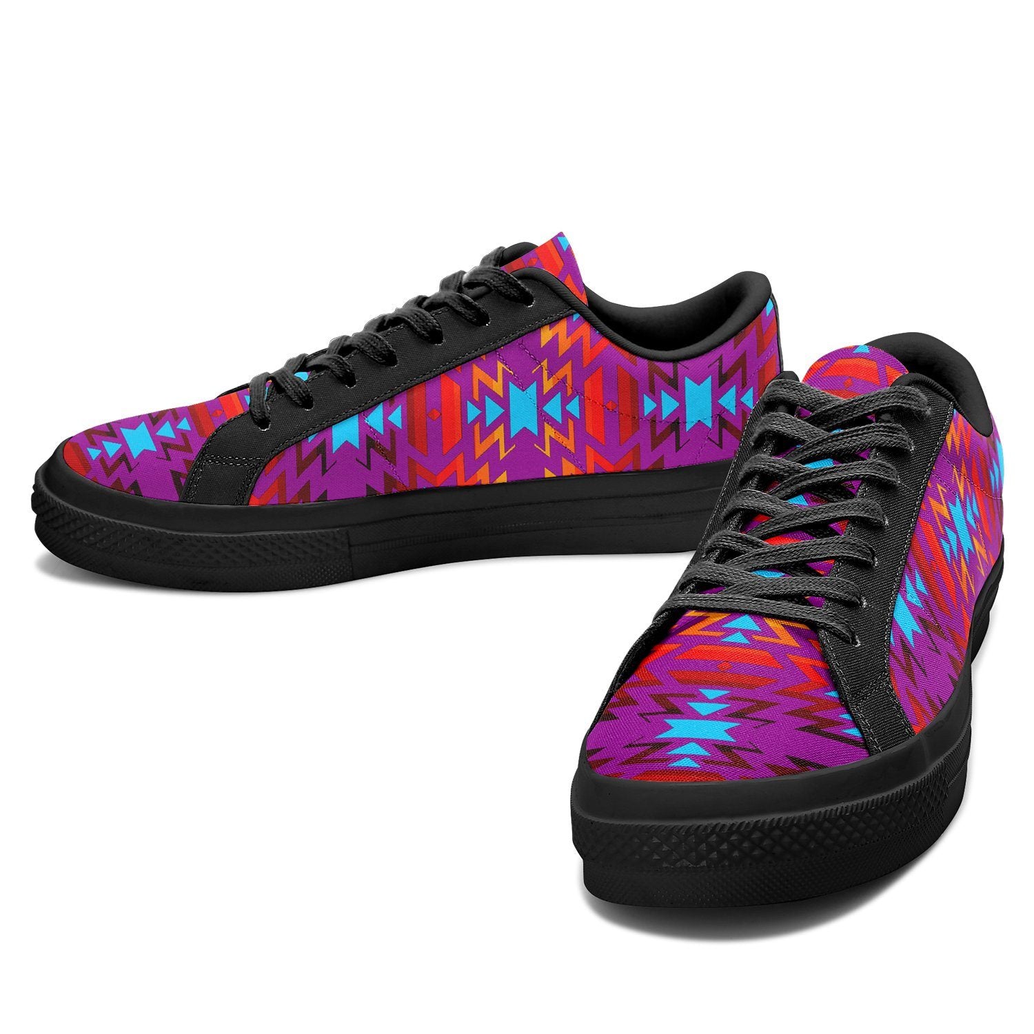 Big Pattern Fire Colors and Turquoise Purple Aapisi Low Top Canvas Shoes Black Sole 49 Dzine