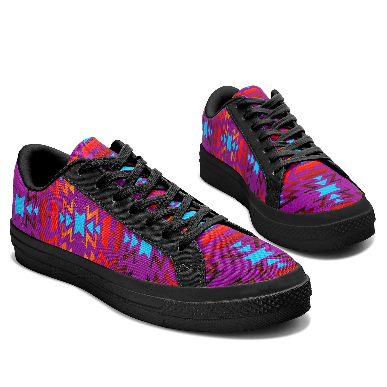 Big Pattern Fire Colors and Turquoise Purple Aapisi Low Top Canvas Shoes Black Sole 49 Dzine