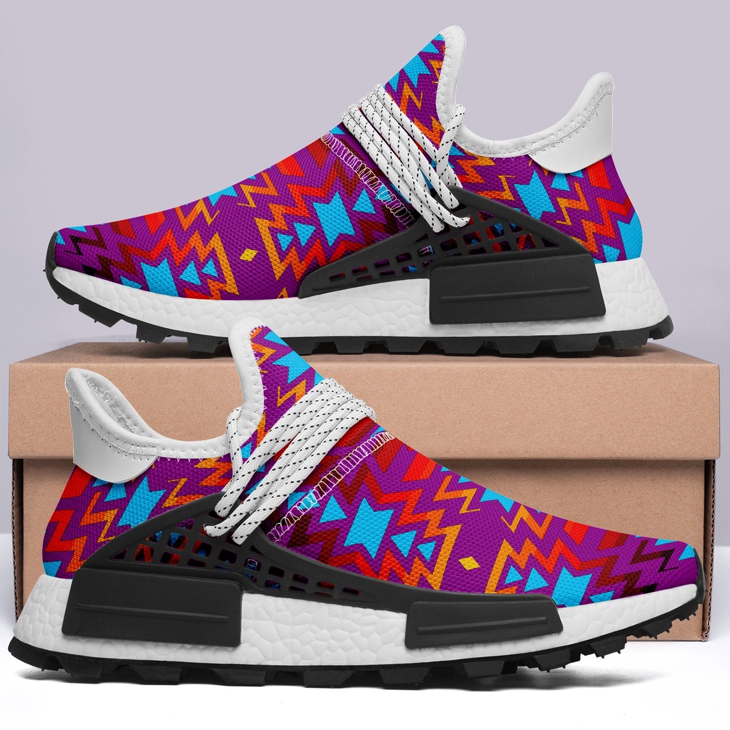 Big Pattern Fire Colors and Turquoise Purple Okaki Sneakers Shoes 49 Dzine