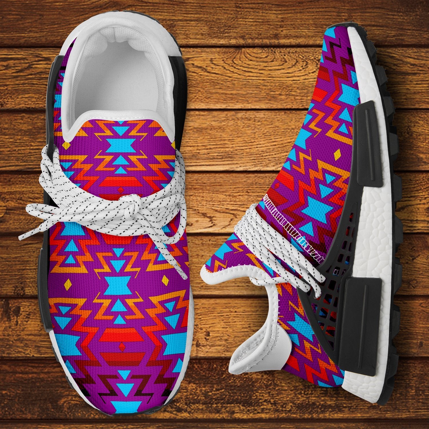 Big Pattern Fire Colors and Turquoise Purple Okaki Sneakers Shoes 49 Dzine
