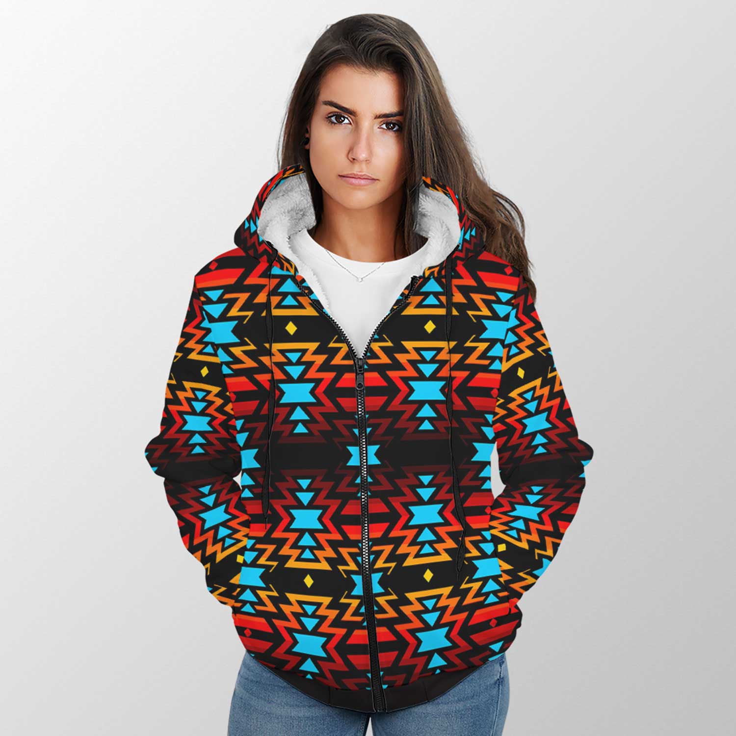 Black Fire and Turquoise Sherpa Hoodie 49 Dzine