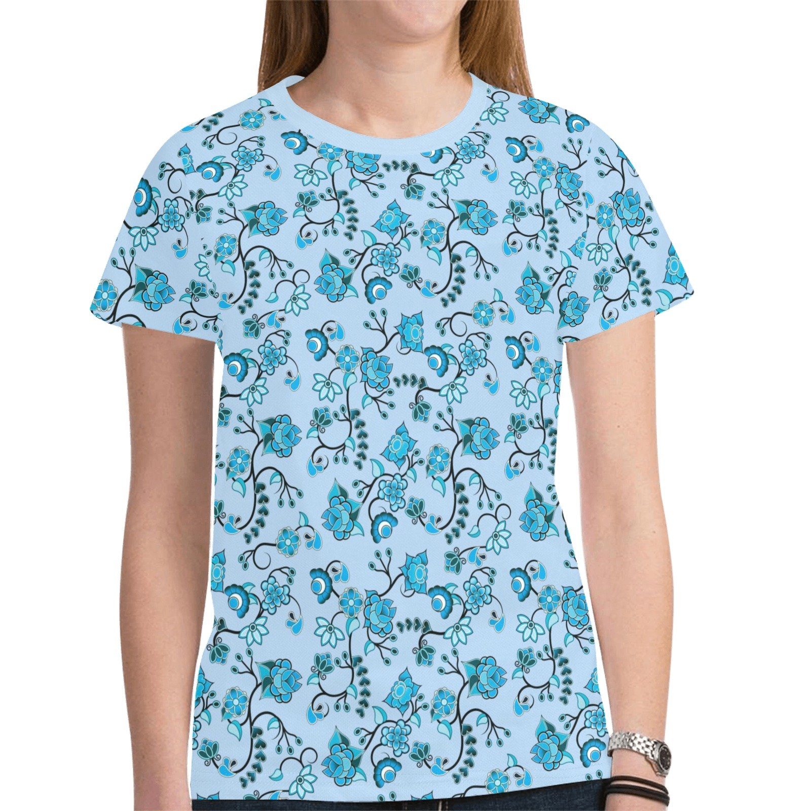 Blue Floral Amour New All Over Print T-shirt for Women (Model T45) tshirt e-joyer