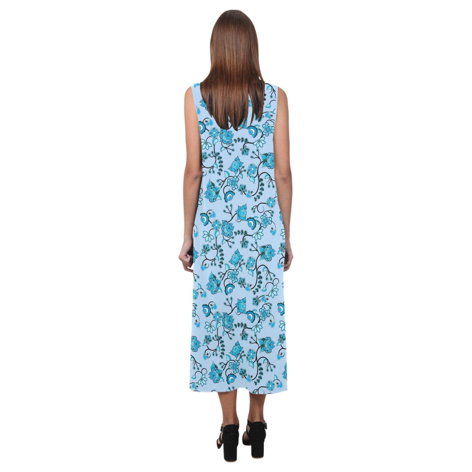 Blue Floral Amour Phaedra Sleeveless Open Fork Long Dress (Model D08) Phaedra Sleeveless Open Fork Long Dress (D08) e-joyer