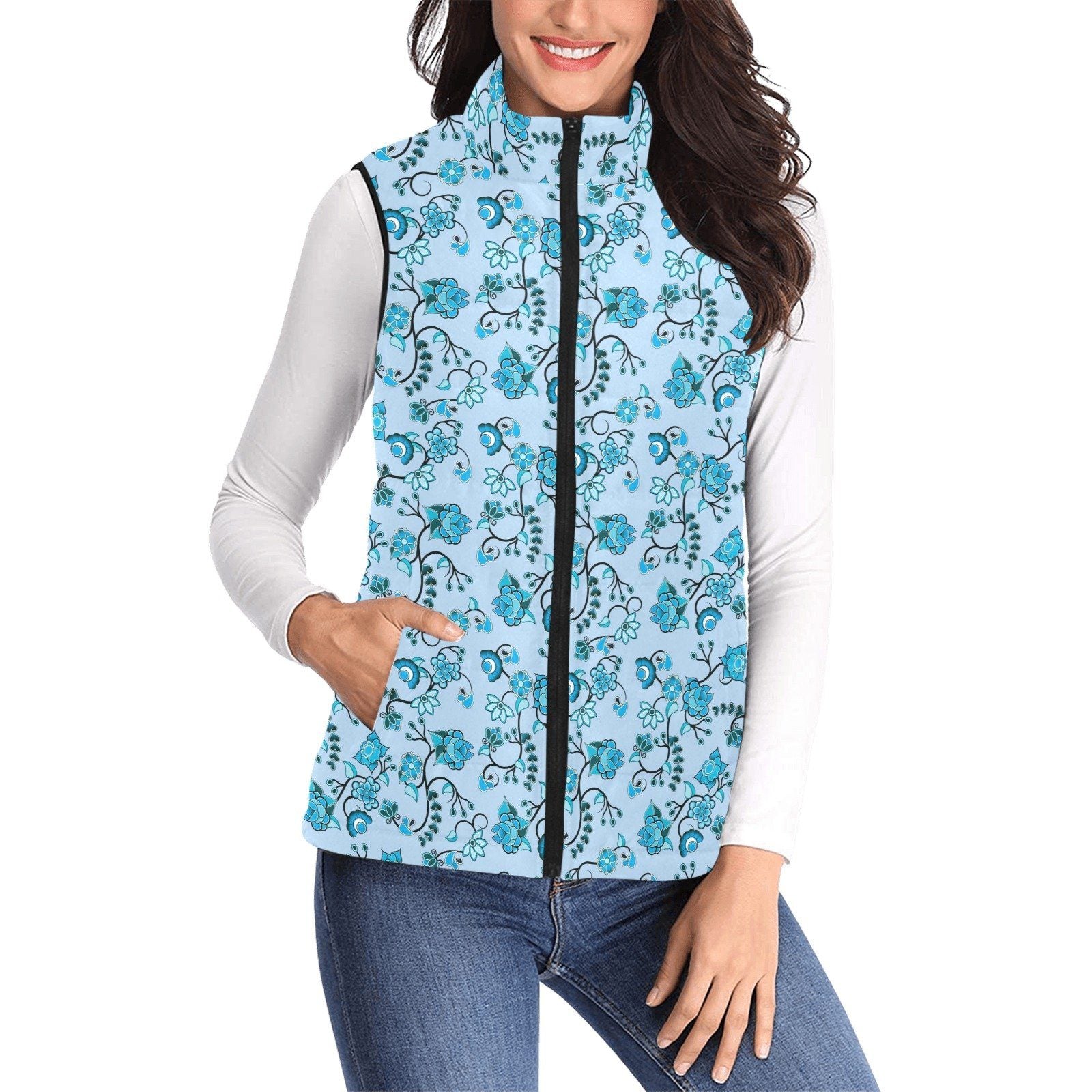 Blue Floral Amour Women's Padded Vest Jacket (Model H44) Women's Padded Vest Jacket (H44) e-joyer