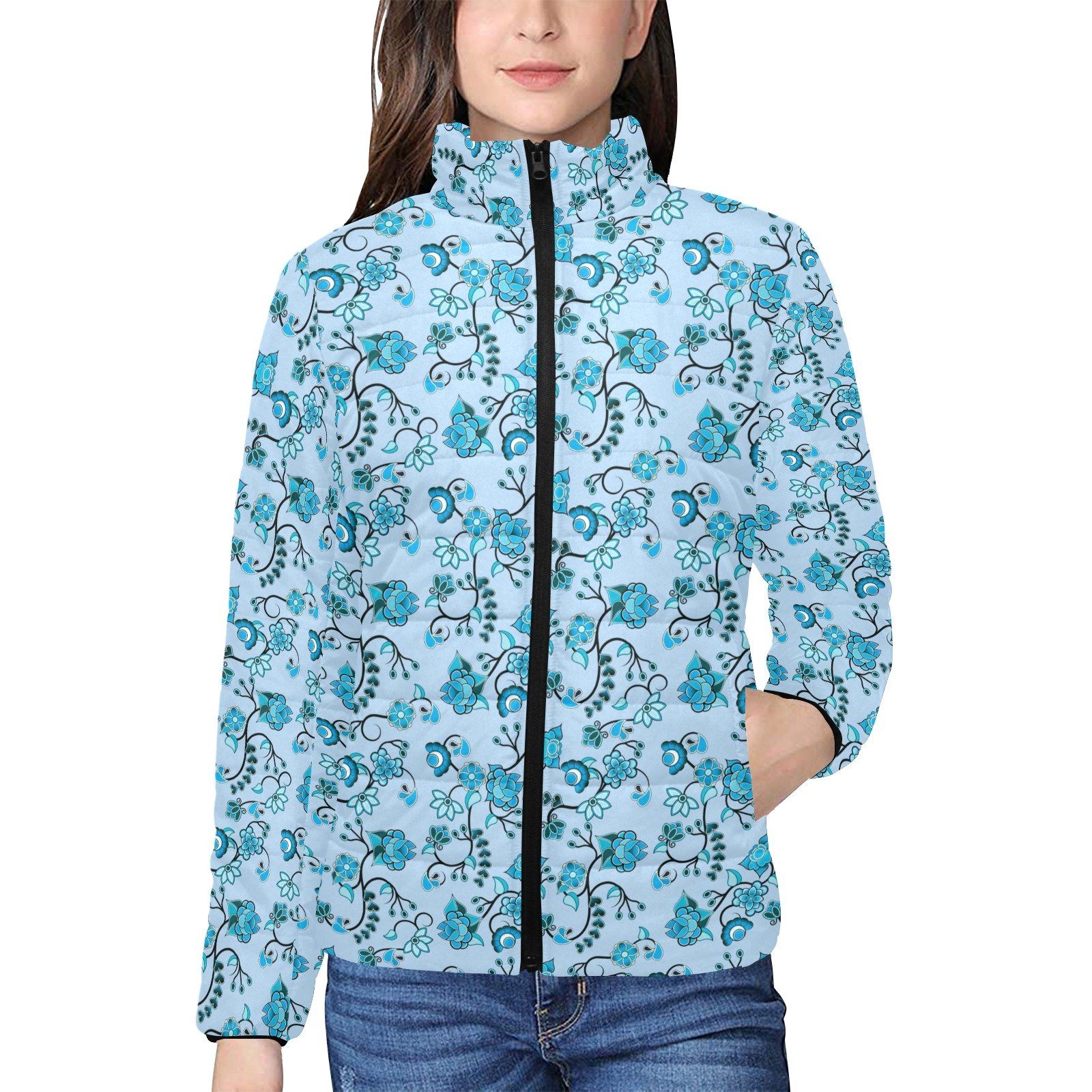Blue Floral Amour Women's Stand Collar Padded Jacket (Model H41) jacket e-joyer