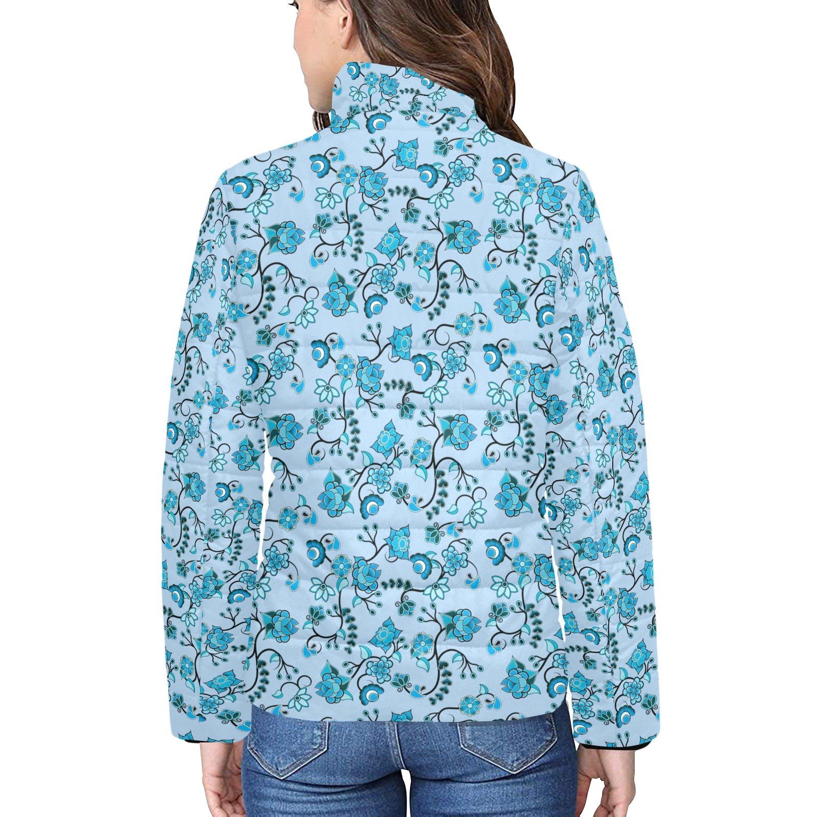 Blue Floral Amour Women's Stand Collar Padded Jacket (Model H41) jacket e-joyer