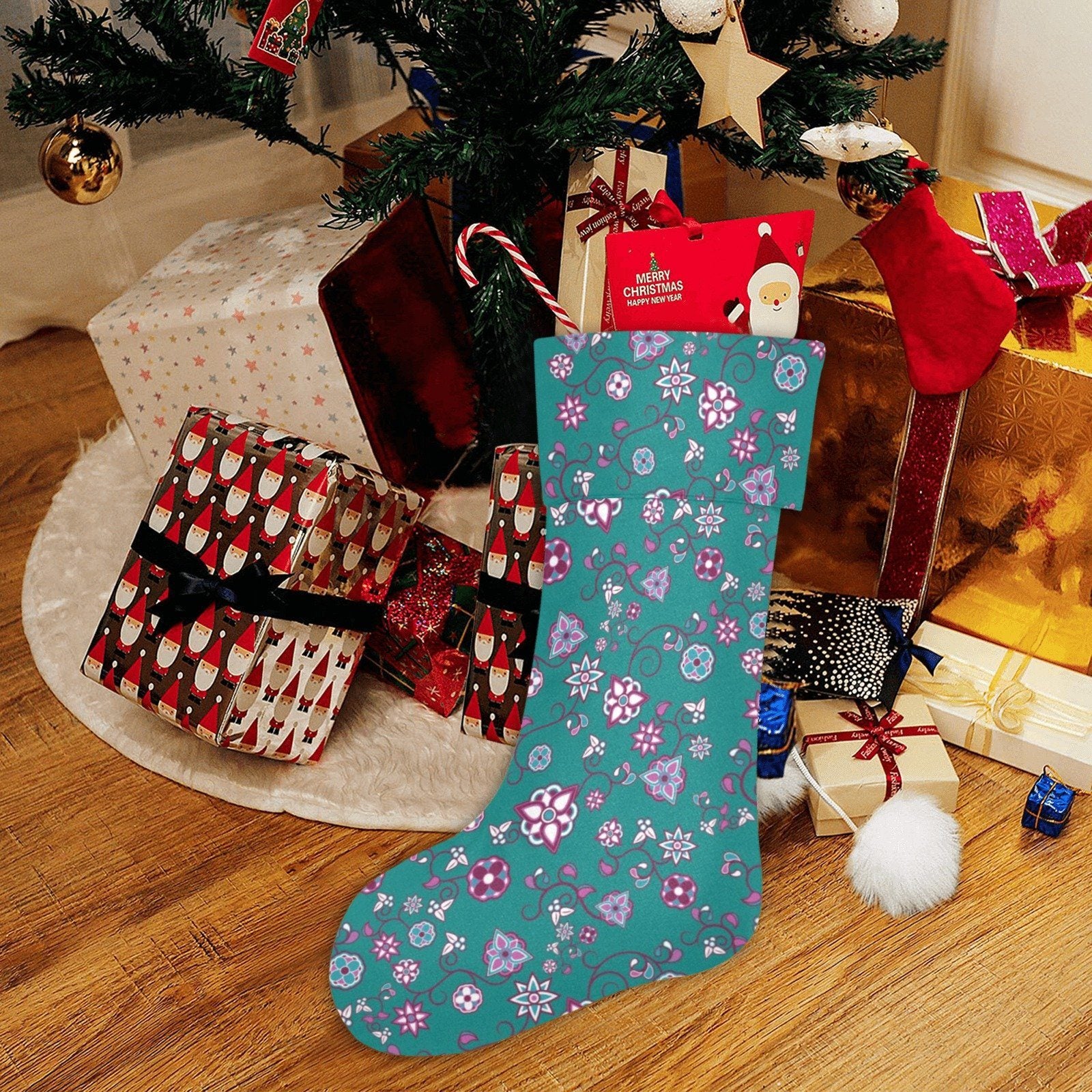 Burgundy Bloom Christmas Stocking holiday stocking e-joyer