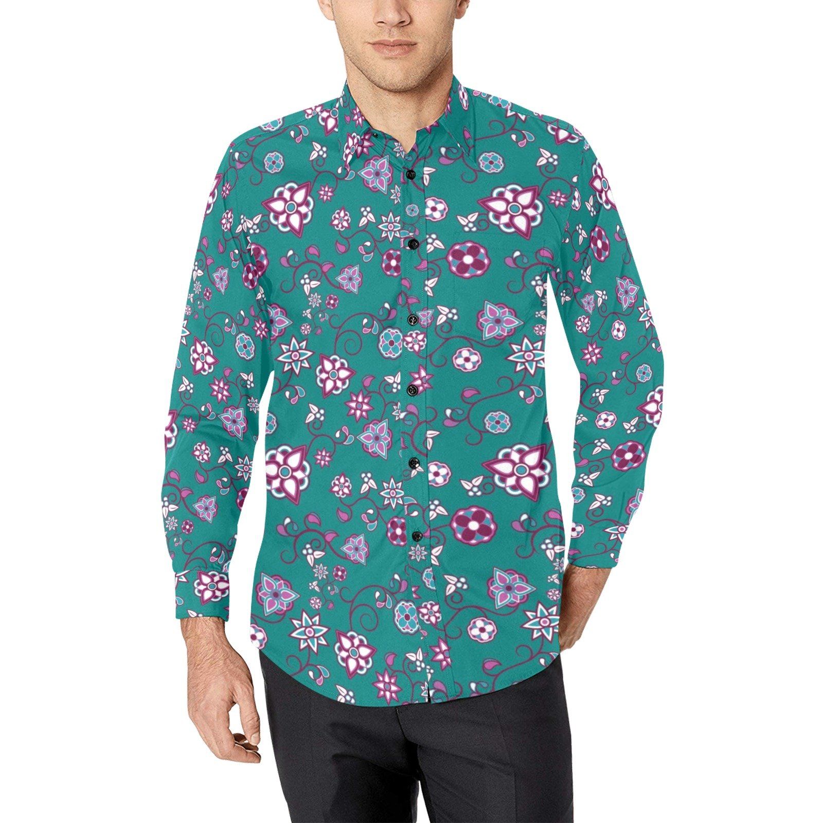 Burgundy Bloom Men's All Over Print Casual Dress Shirt (Model T61) Men's Dress Shirt (T61) e-joyer 