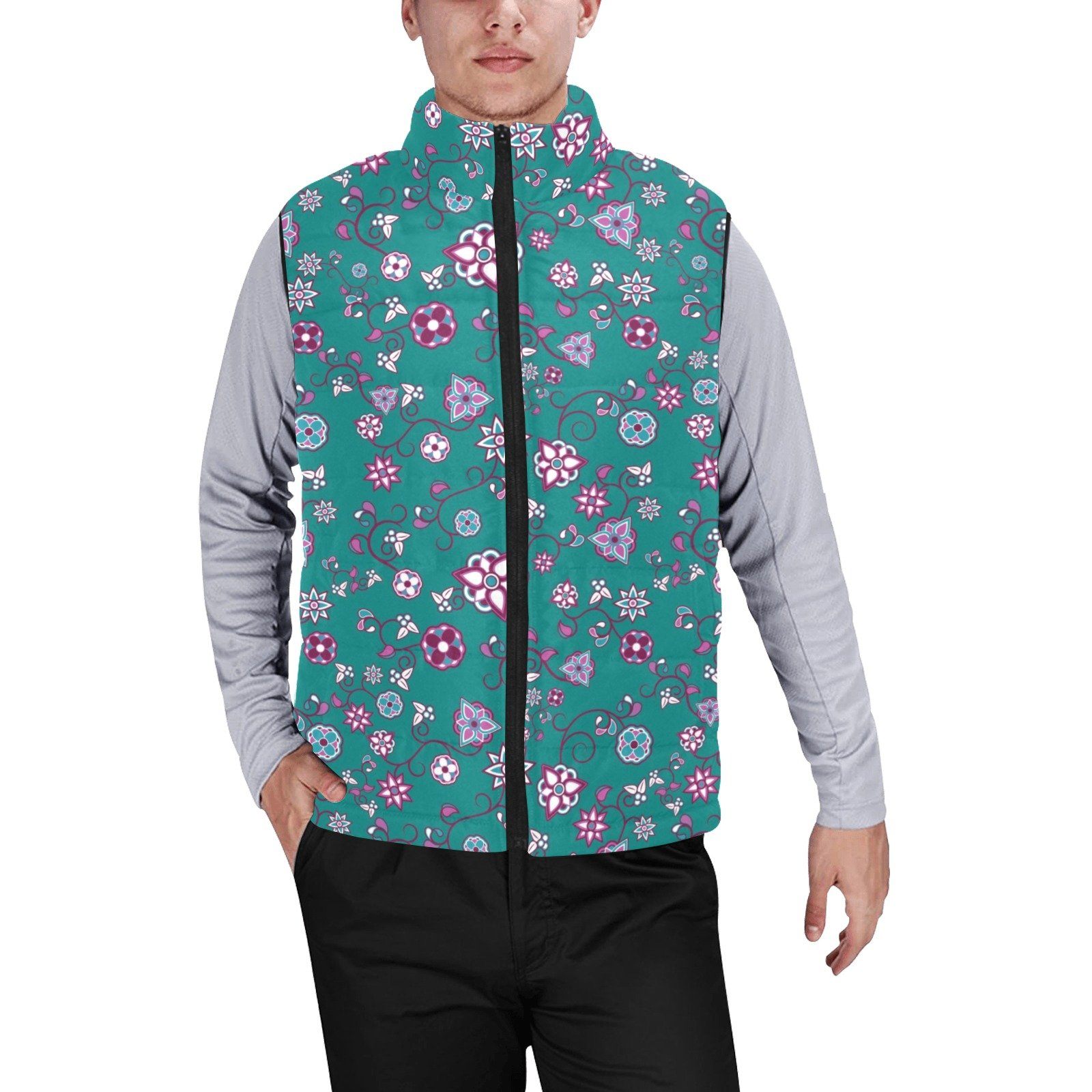 Burgundy Bloom Men's Padded Vest Jacket (Model H44) Men's Padded Vest Jacket (H44) e-joyer
