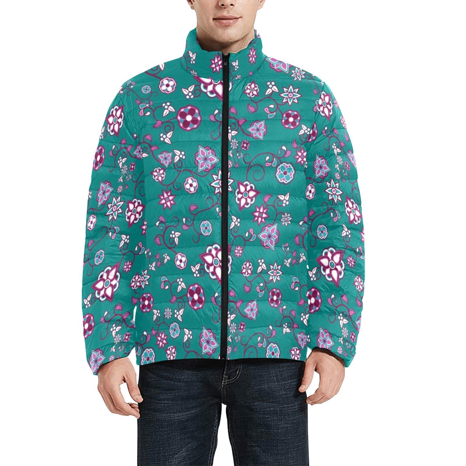 Burgundy Bloom Men's Stand Collar Padded Jacket (Model H41) Men's Stand Collar Padded Jacket (H41) e-joyer