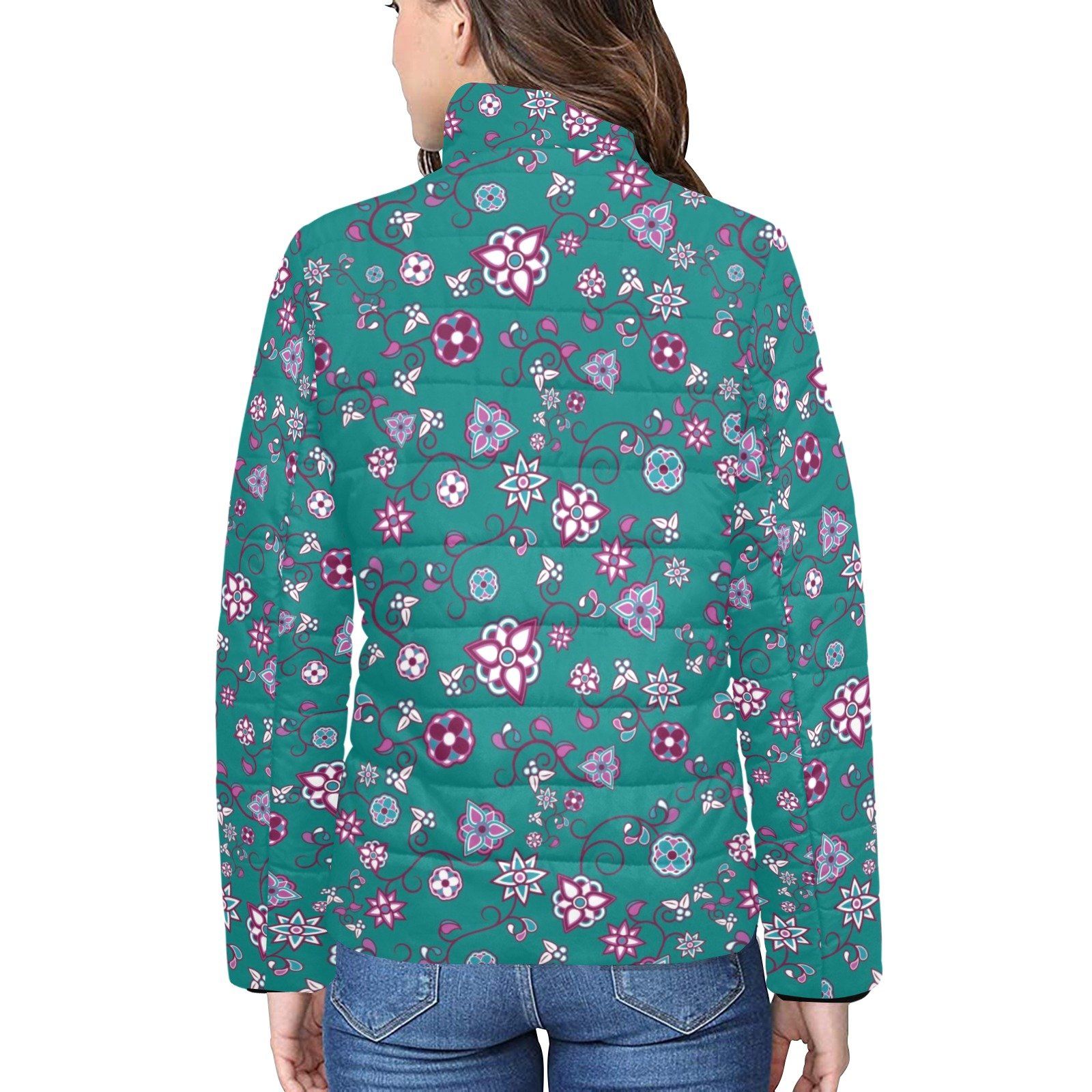 Burgundy Bloom Women's Stand Collar Padded Jacket (Model H41) jacket e-joyer