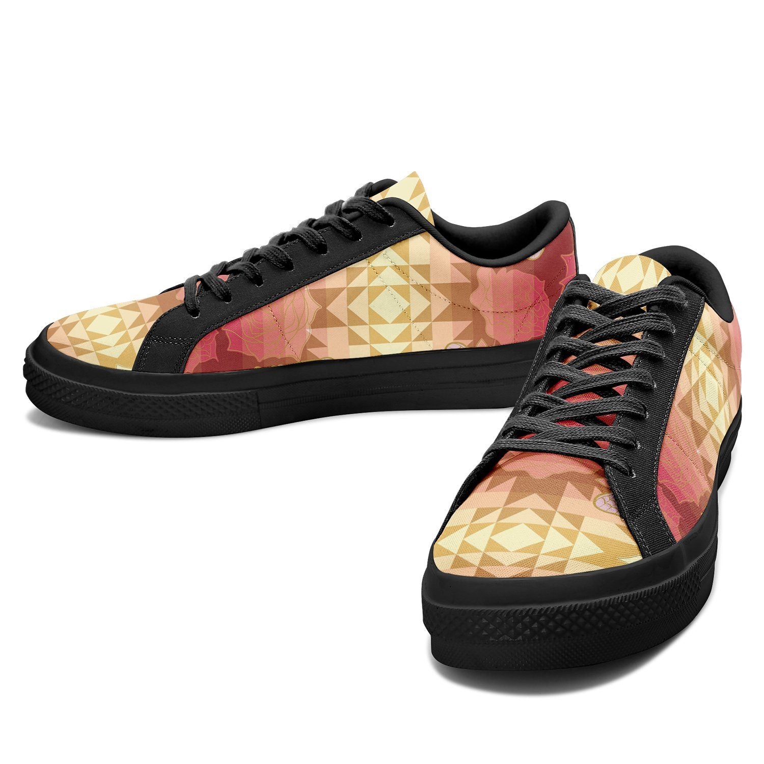 Butterfly and Roses on Geometric Aapisi Low Top Canvas Shoes Black Sole aapisi Herman