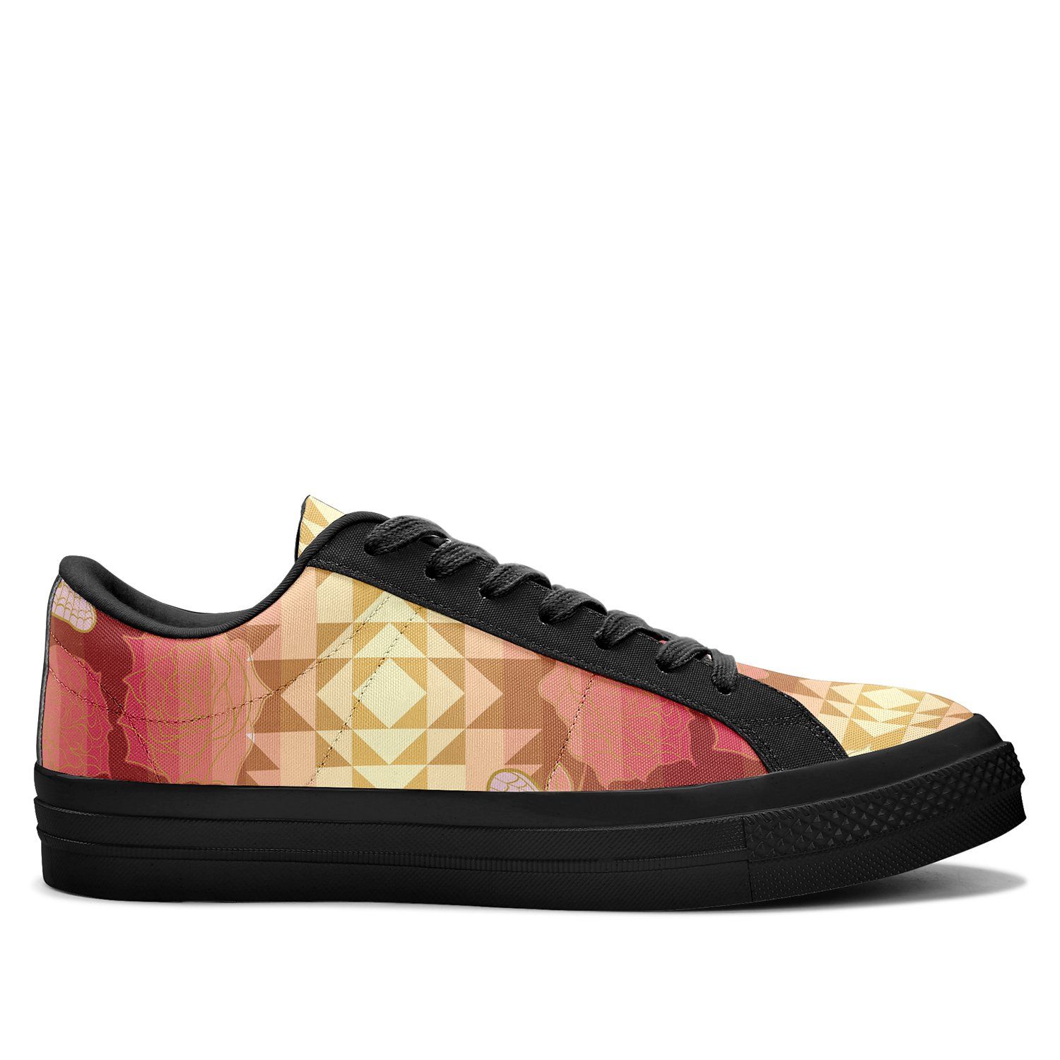 Butterfly and Roses on Geometric Aapisi Low Top Canvas Shoes Black Sole aapisi Herman