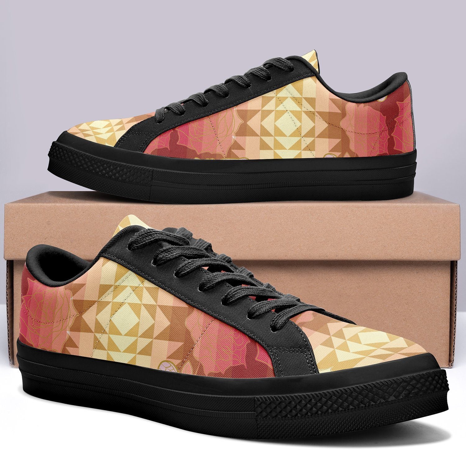 Butterfly and Roses on Geometric Aapisi Low Top Canvas Shoes Black Sole aapisi Herman