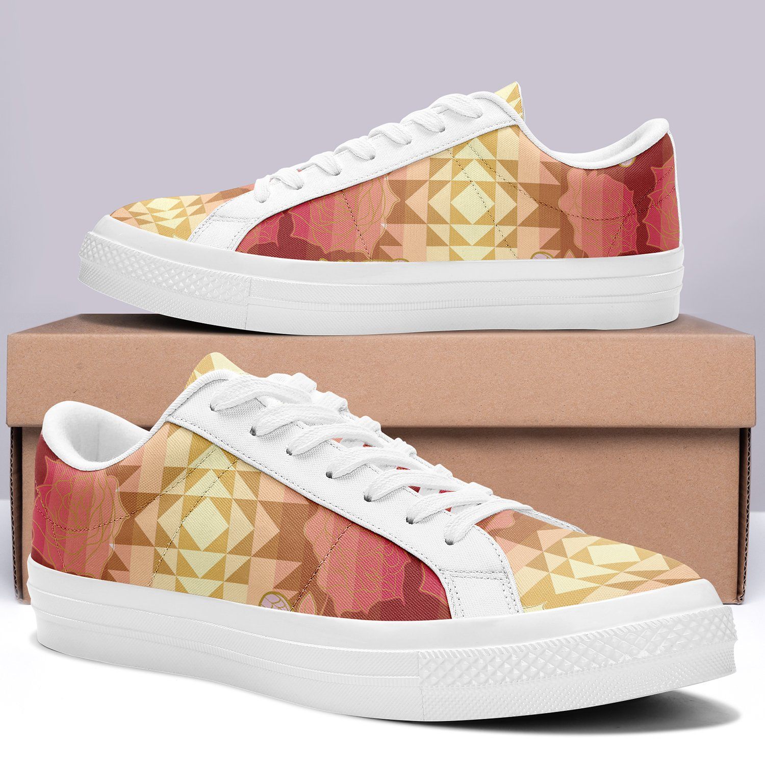 Butterfly and Roses on Geometric Aapisi Low Top Canvas Shoes White Sole aapisi Herman