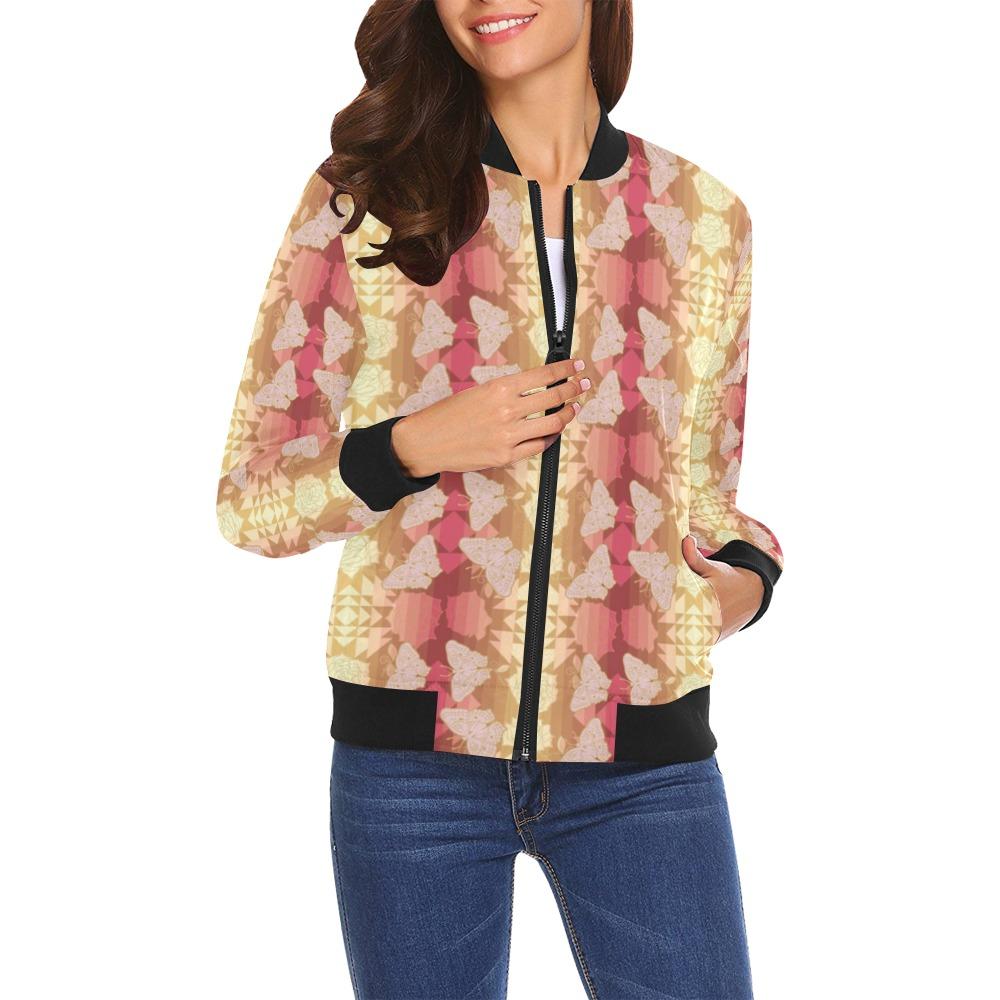 Butterfly and Roses on Geometric All Over Print Bomber Jacket for Women (Model H19) All Over Print Bomber Jacket for Women (H19) e-joyer