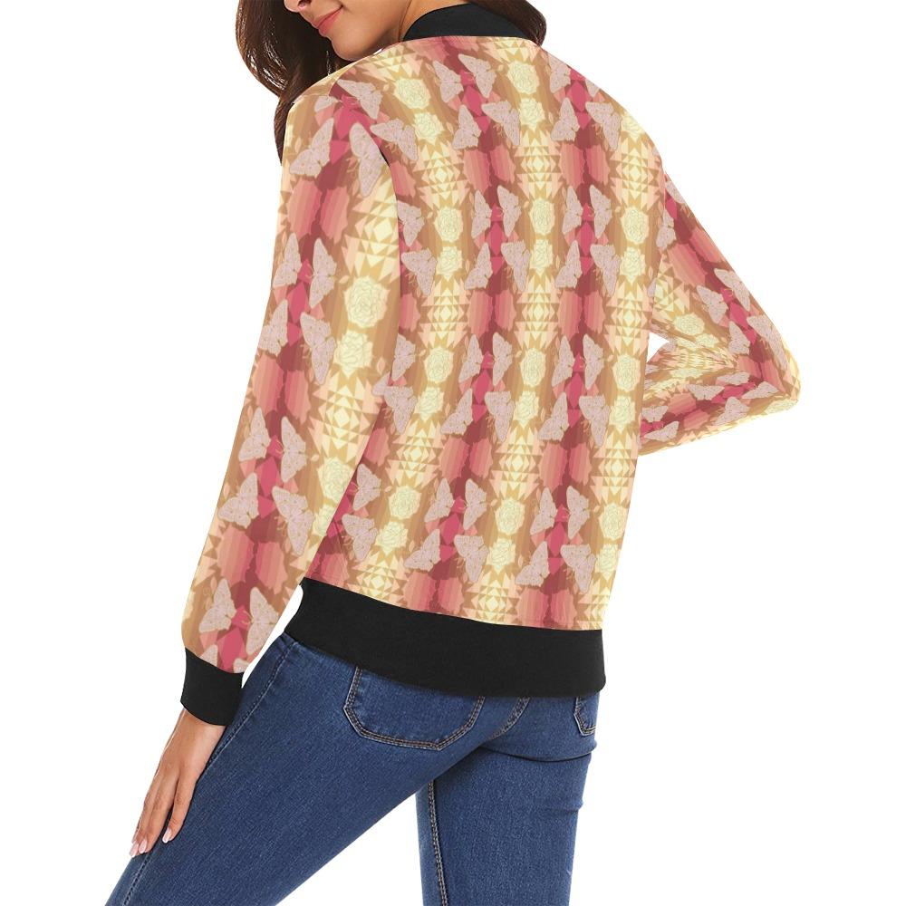 Butterfly and Roses on Geometric All Over Print Bomber Jacket for Women (Model H19) All Over Print Bomber Jacket for Women (H19) e-joyer