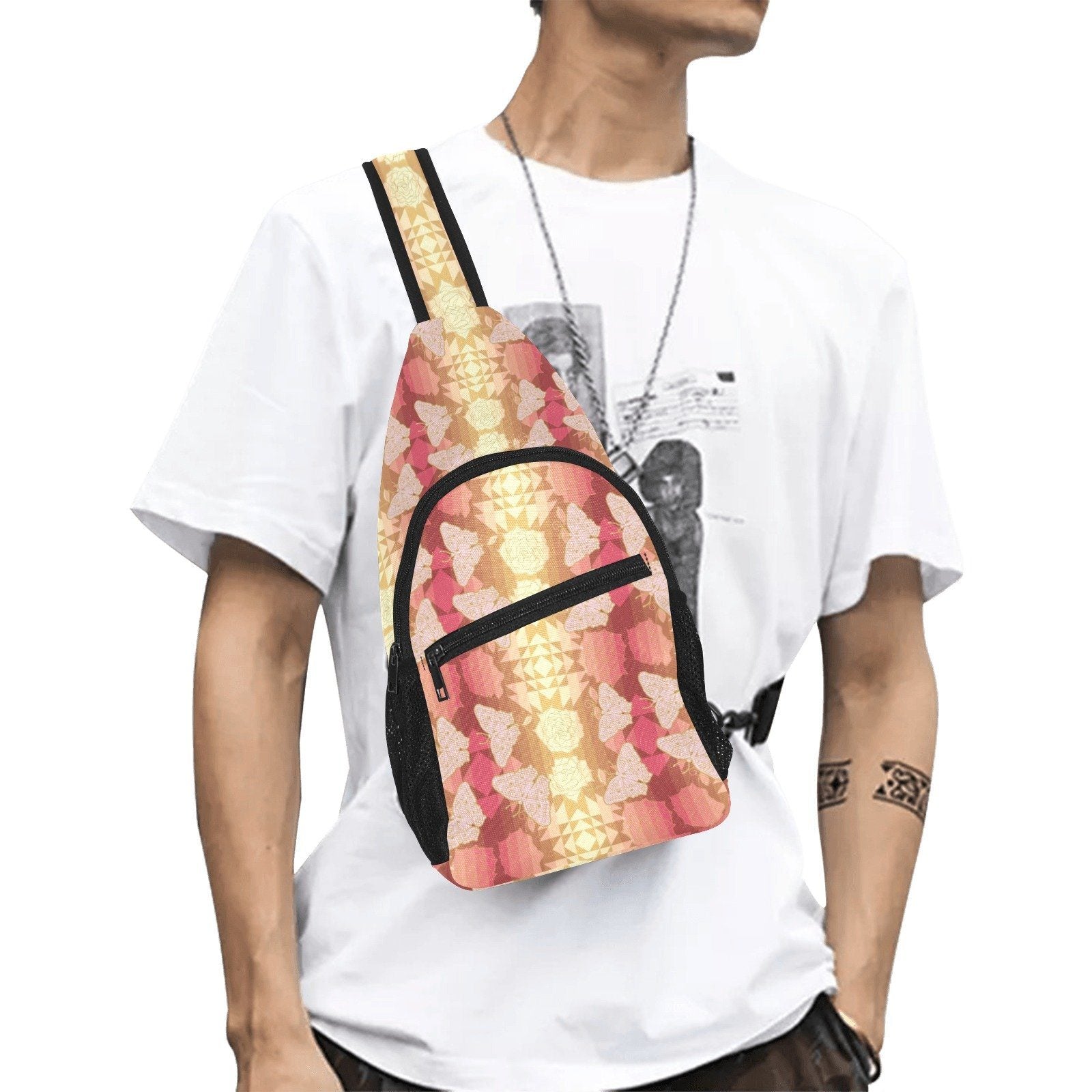 Butterfly and Roses on Geometric All Over Print Chest Bag (Model 1719) All Over Print Chest Bag (1719) e-joyer