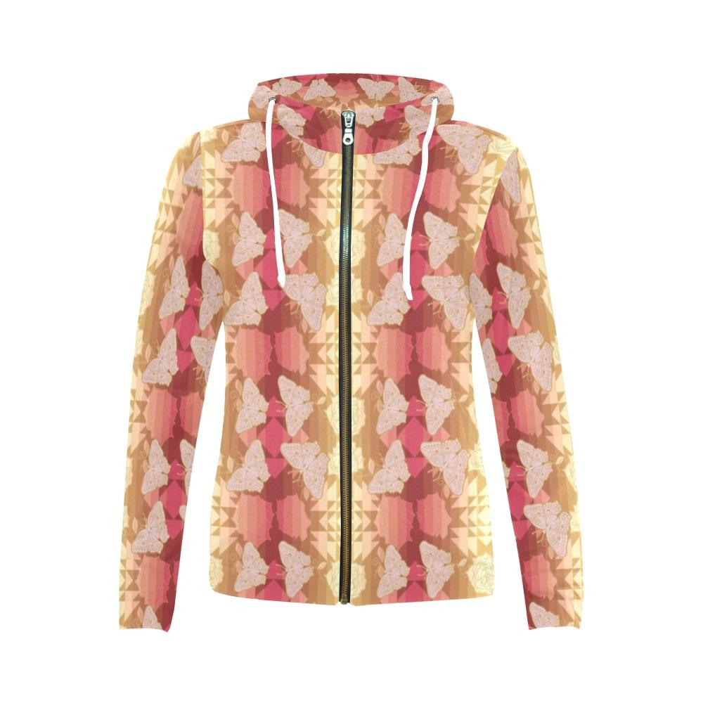 Butterfly and Roses on Geometric All Over Print Full Zip Hoodie for Women (Model H14) All Over Print Full Zip Hoodie for Women (H14) e-joyer