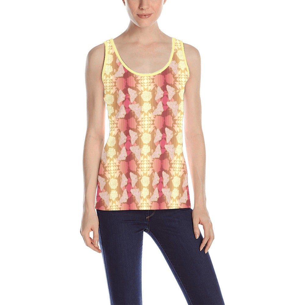 Butterfly and Roses on Geometric All Over Print Tank Top for Women (Model T43) All Over Print Tank Top for Women (T43) e-joyer