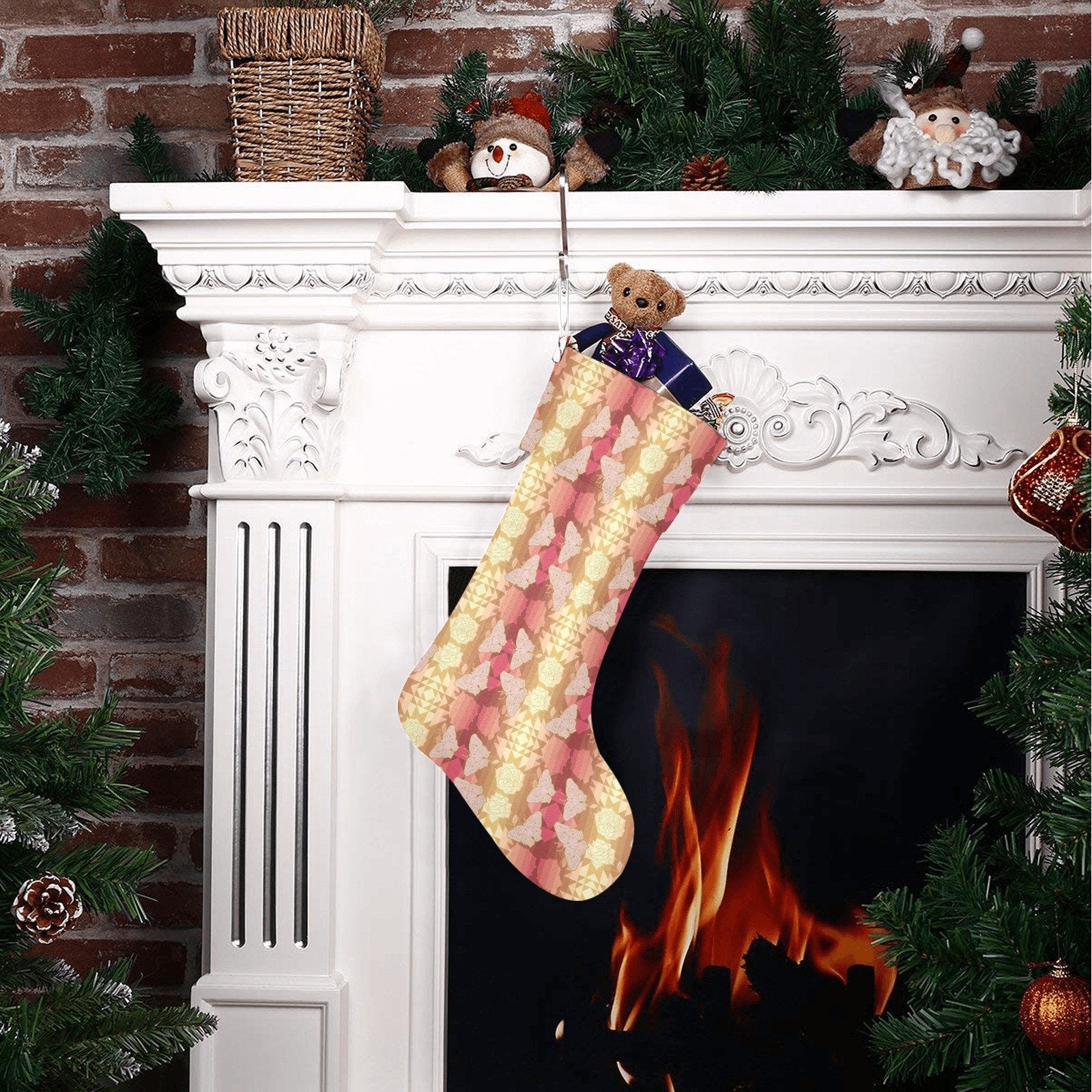 Butterfly and Roses on Geometric Christmas Stocking holiday stocking e-joyer