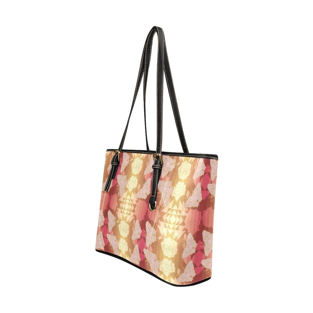 Butterfly and Roses on Geometric Leather Tote Bag/Large (Model 1640) bag e-joyer