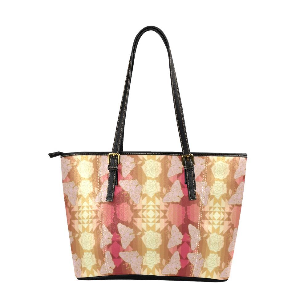 Butterfly and Roses on Geometric Leather Tote Bag/Large (Model 1640) bag e-joyer