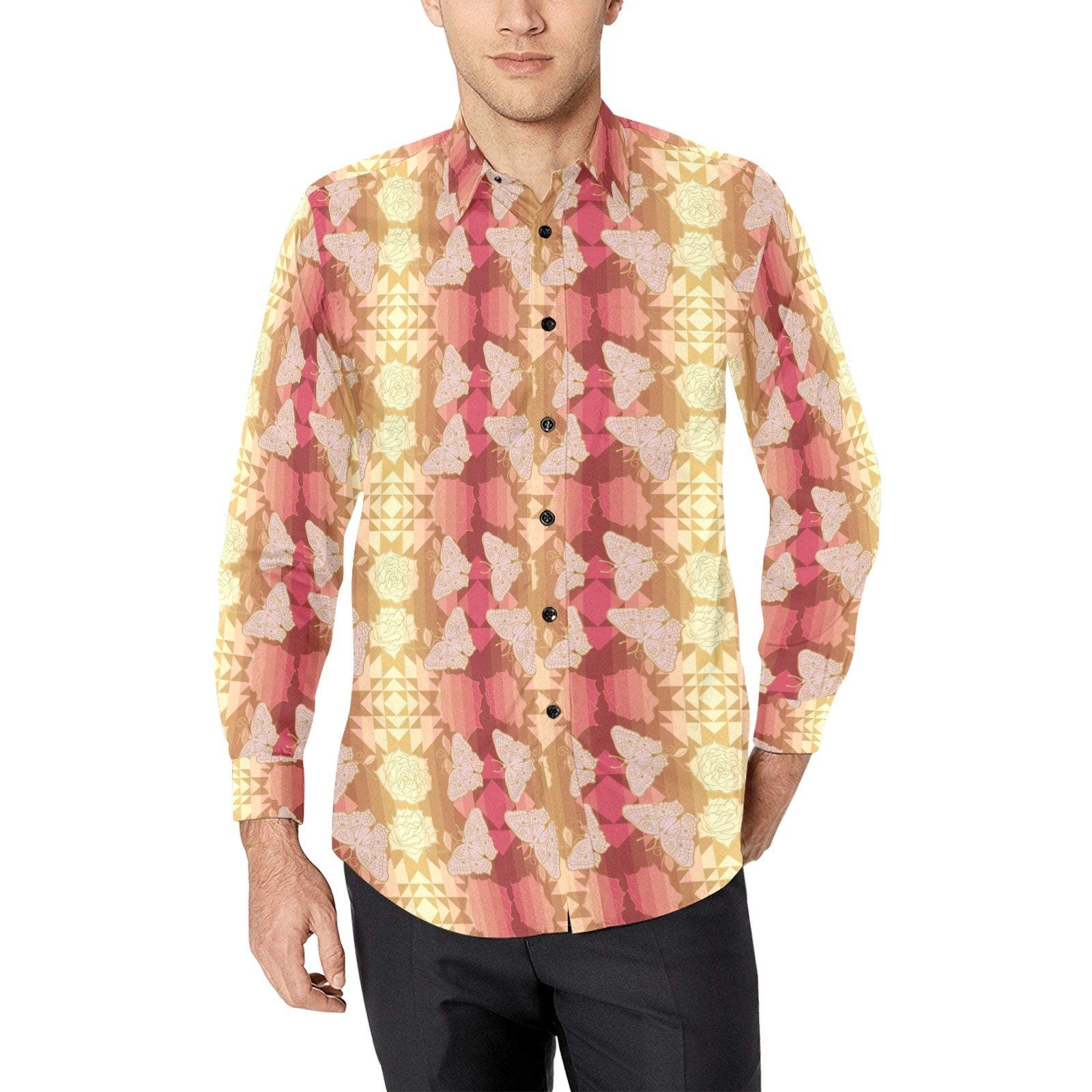 Butterfly and Roses on Geometric Men's All Over Print Casual Dress Shirt (Model T61) Men's Dress Shirt (T61) e-joyer 