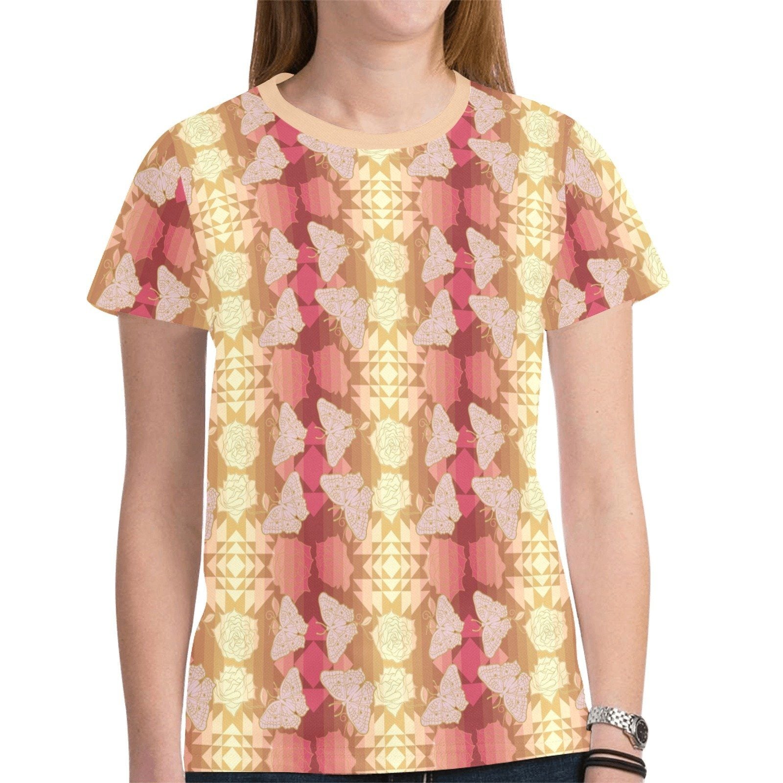Butterfly and Roses on Geometric New All Over Print T-shirt for Women (Model T45) tshirt e-joyer