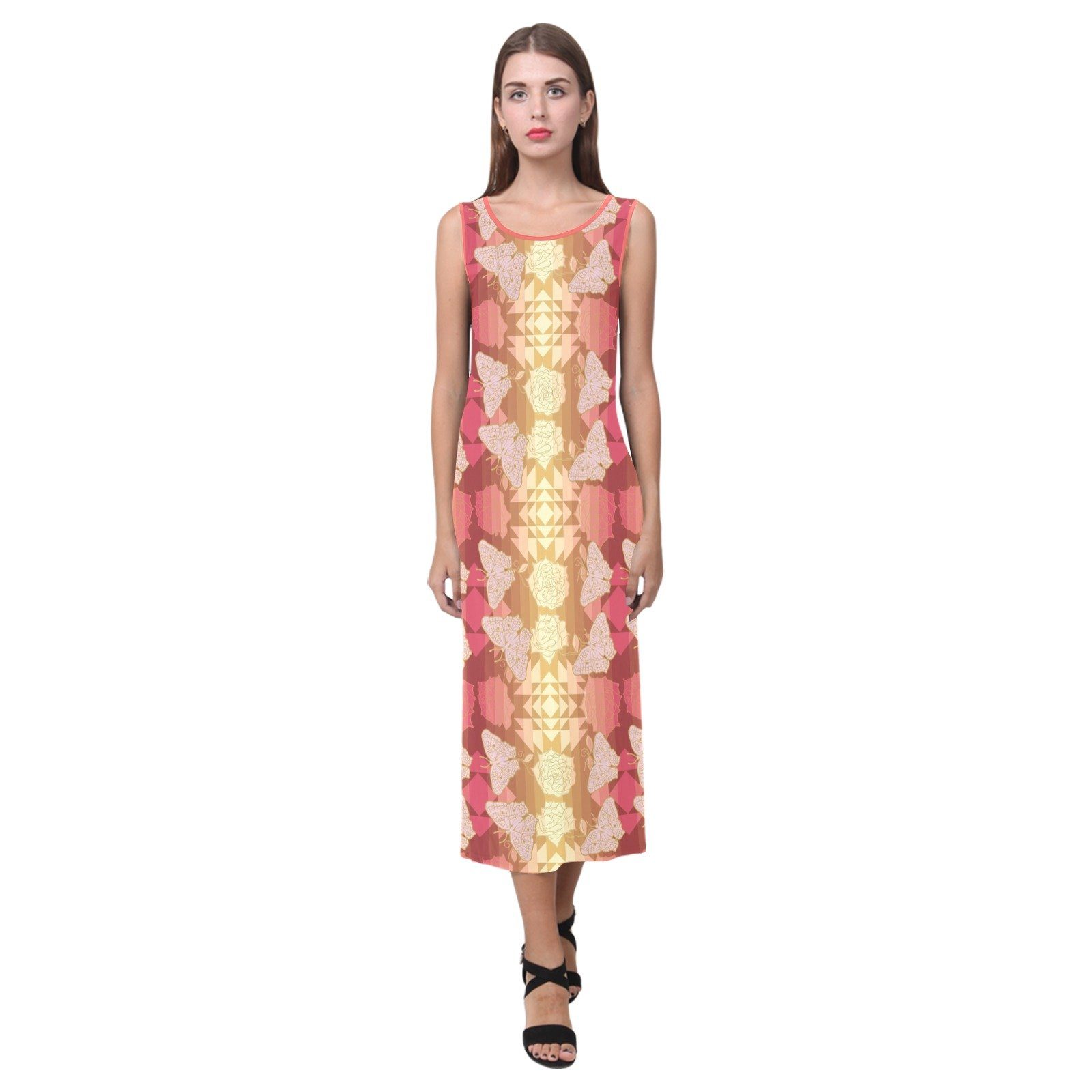 Butterfly and Roses on Geometric Phaedra Sleeveless Open Fork Long Dress (Model D08) dress e-joyer