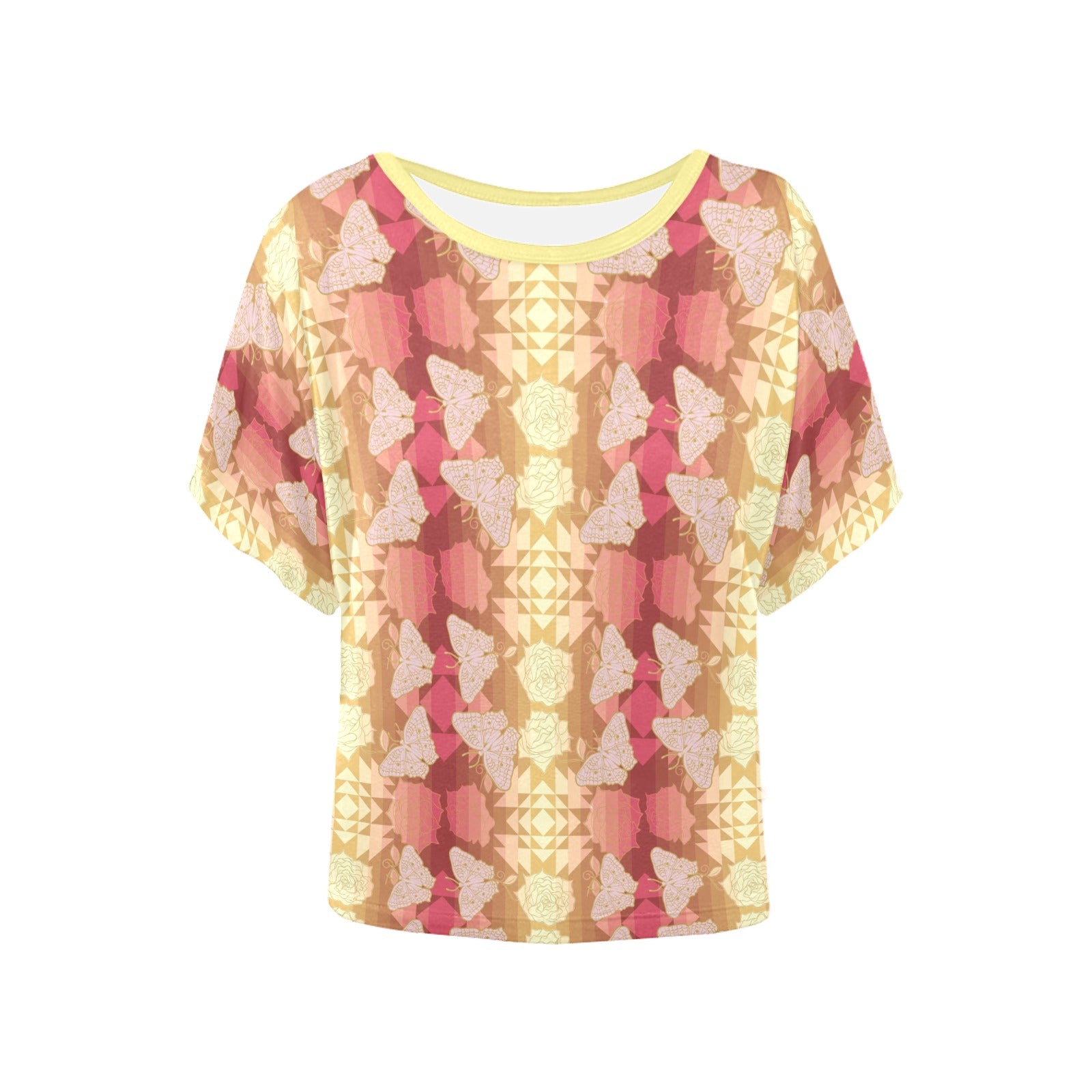 Butterfly and Roses on Geometric Women's Batwing-Sleeved Blouse T shirt (Model T44) Women's Batwing-Sleeved Blouse T shirt (T44) e-joyer