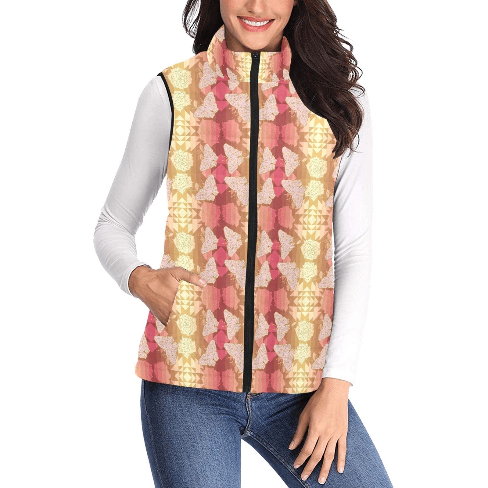 Butterfly and Roses on Geometric Women's Padded Vest Jacket (Model H44) Women's Padded Vest Jacket (H44) e-joyer