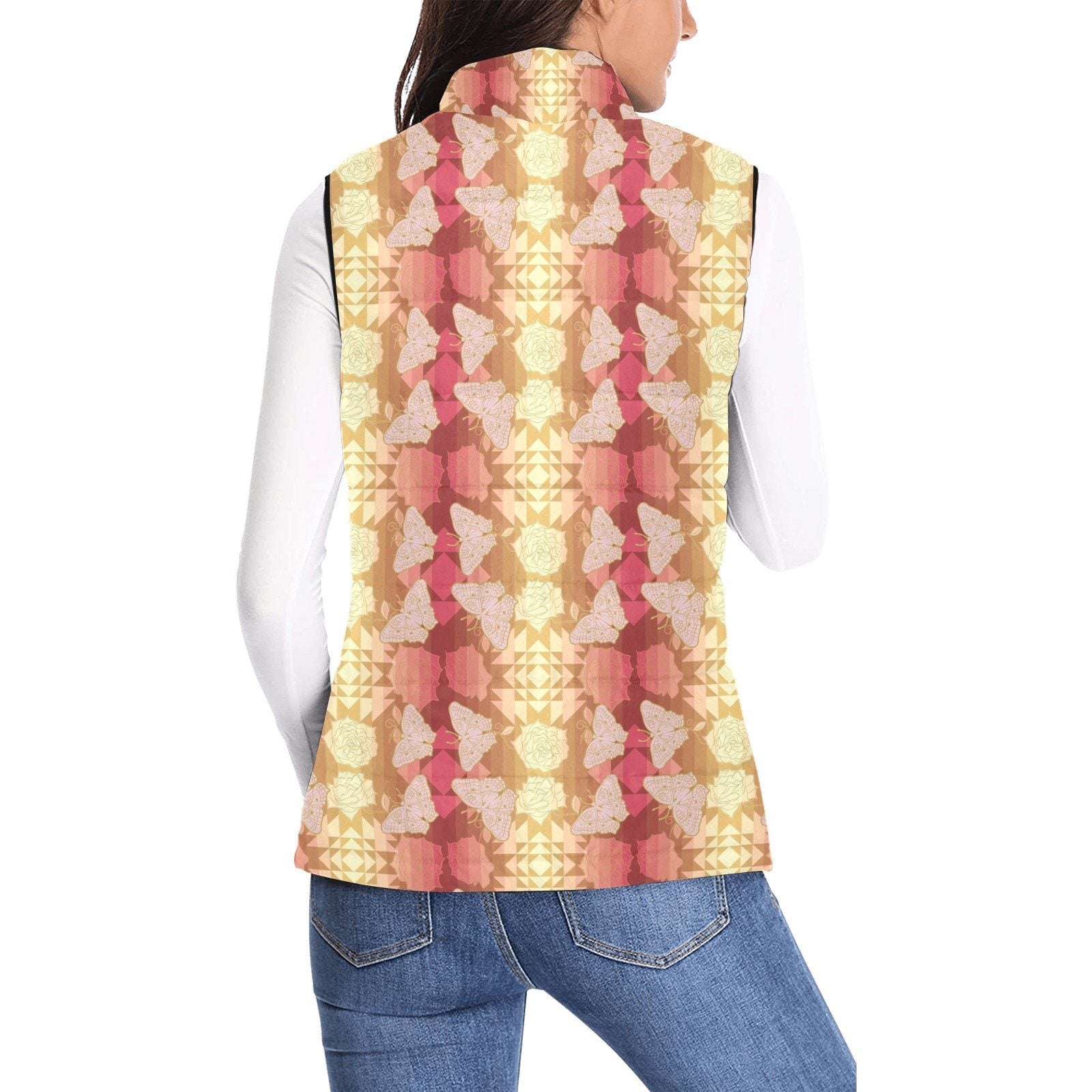 Butterfly and Roses on Geometric Women's Padded Vest Jacket (Model H44) Women's Padded Vest Jacket (H44) e-joyer