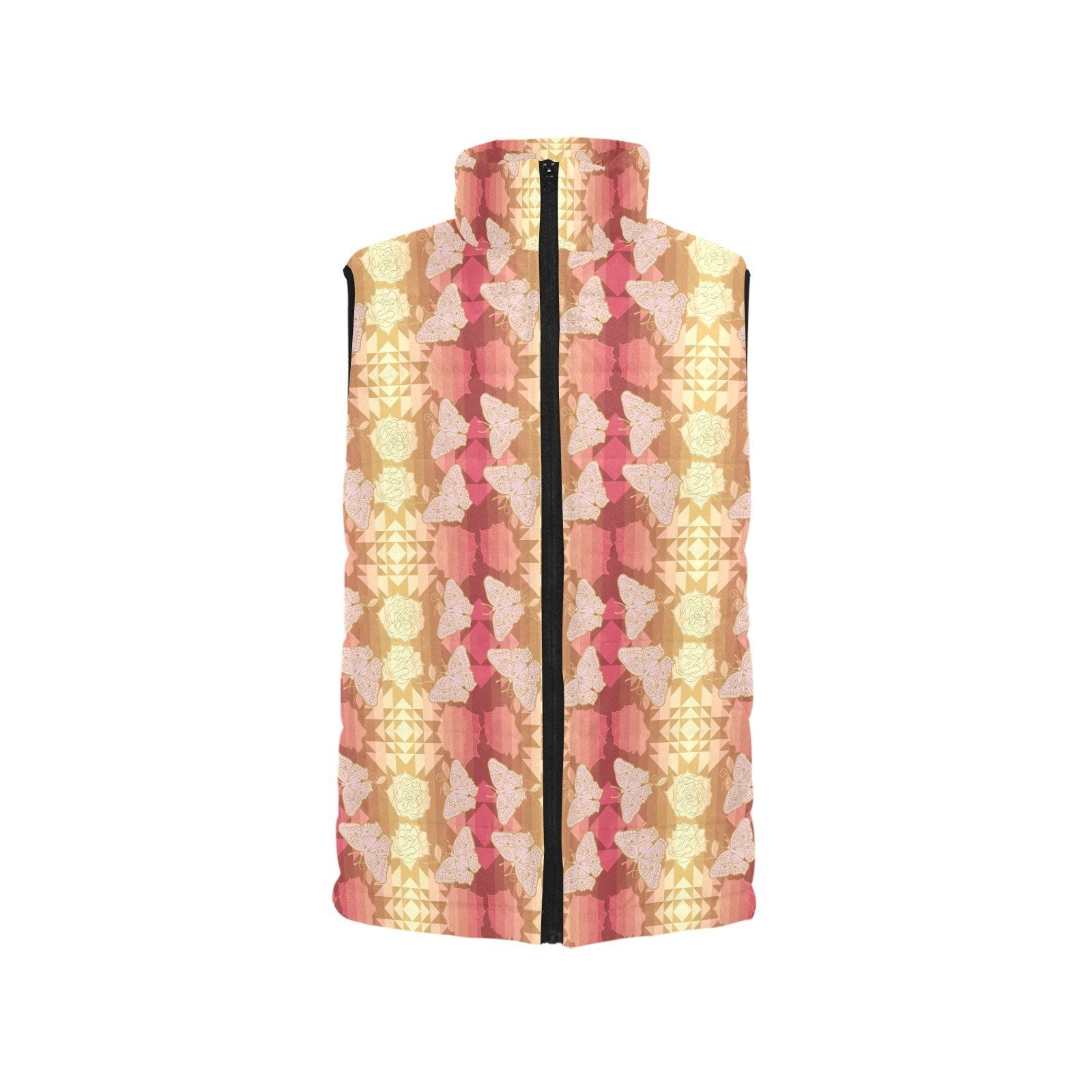 Butterfly and Roses on Geometric Women's Padded Vest Jacket (Model H44) Women's Padded Vest Jacket (H44) e-joyer