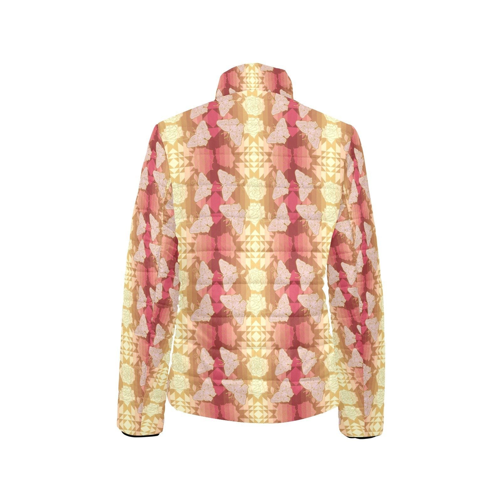 Butterfly and Roses on Geometric Women's Stand Collar Padded Jacket (Model H41) jacket e-joyer