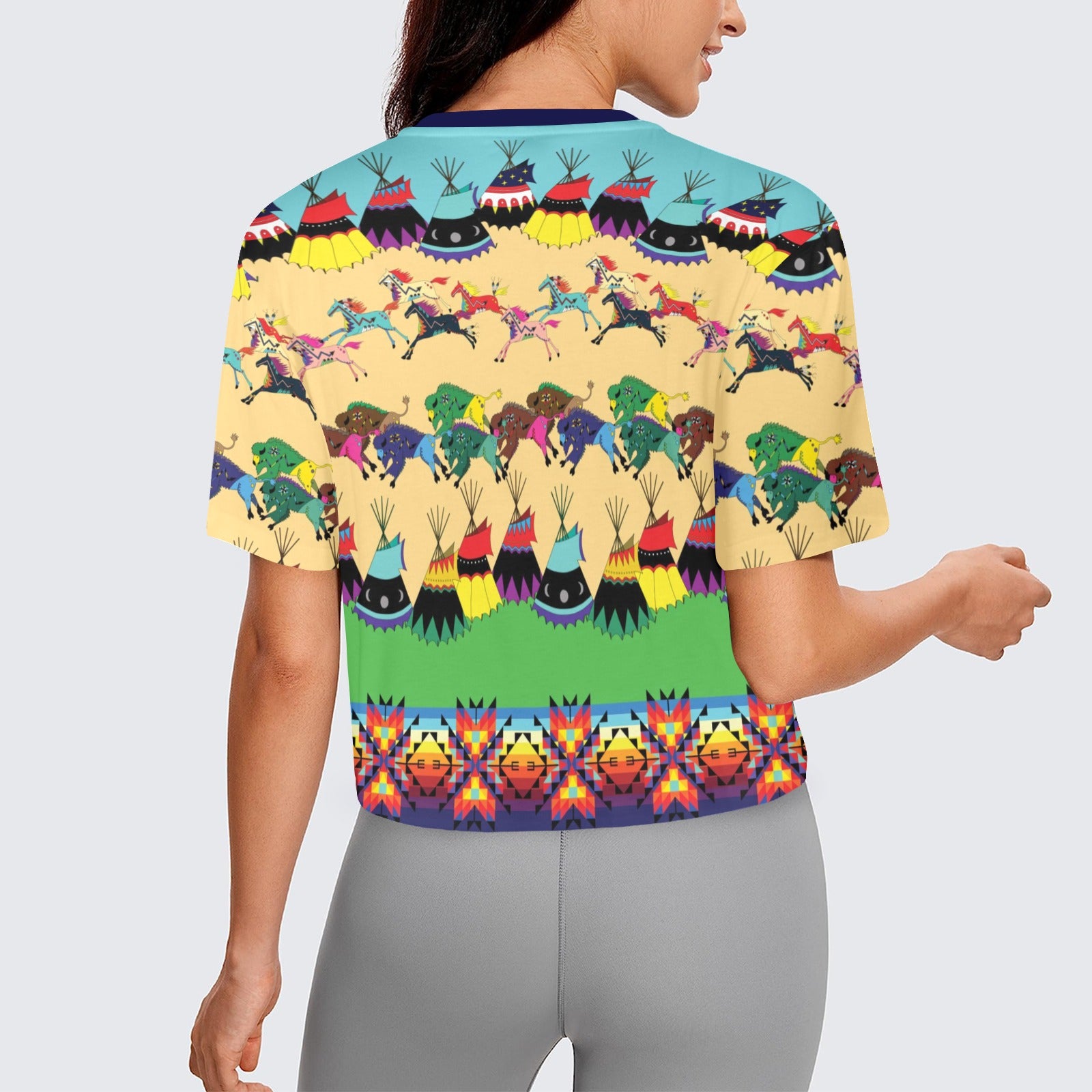 Horses and Buffalo Ledger Blue Women's Cropped T-shirt