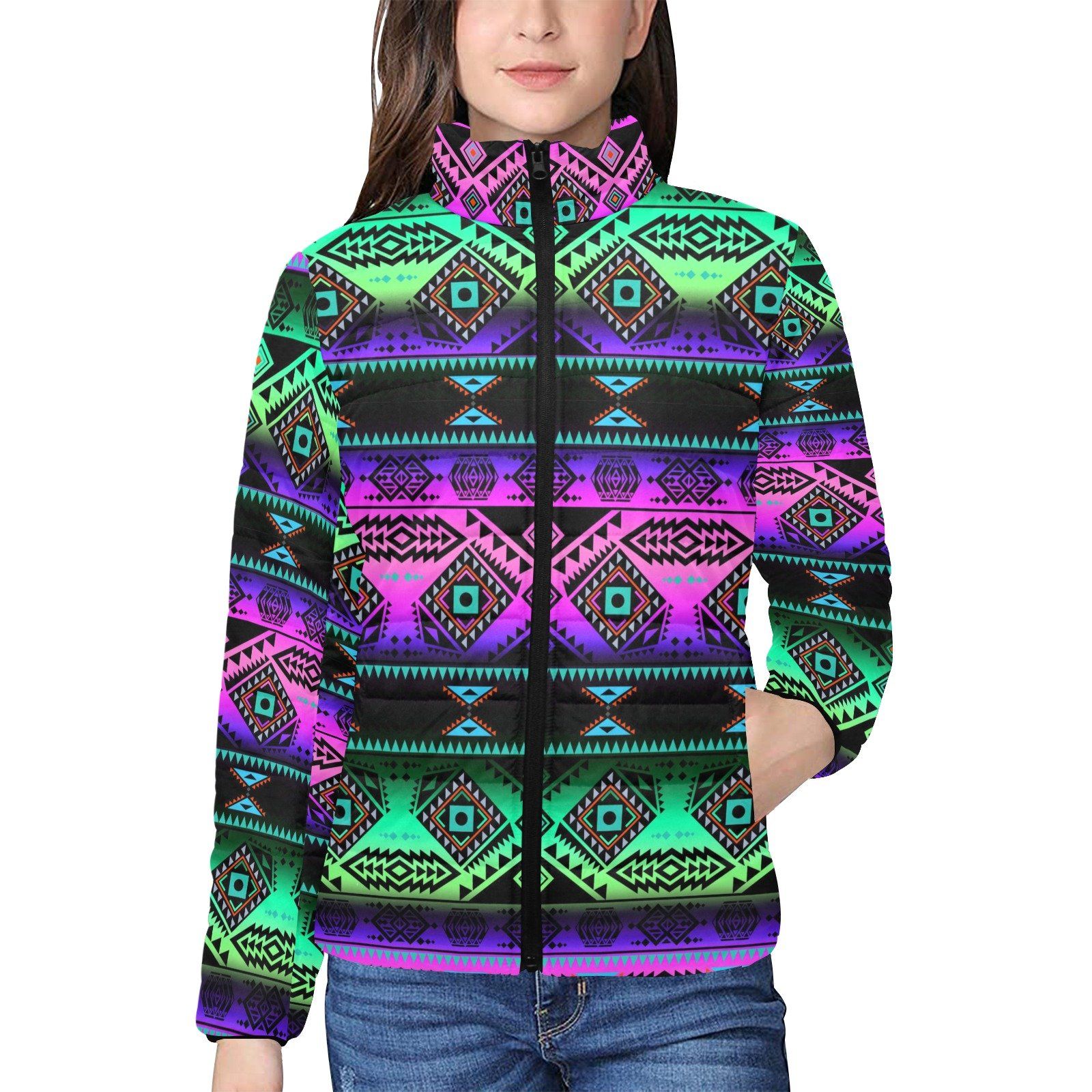 California Coast Sunrise Women's Stand Collar Padded Jacket (Model H41) jacket e-joyer