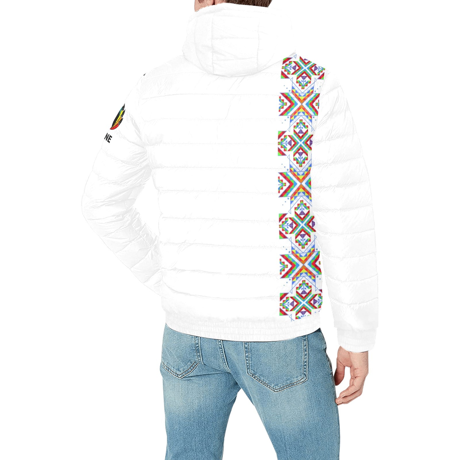 White Blanket Strip on White Men's Padded Hooded Jacket