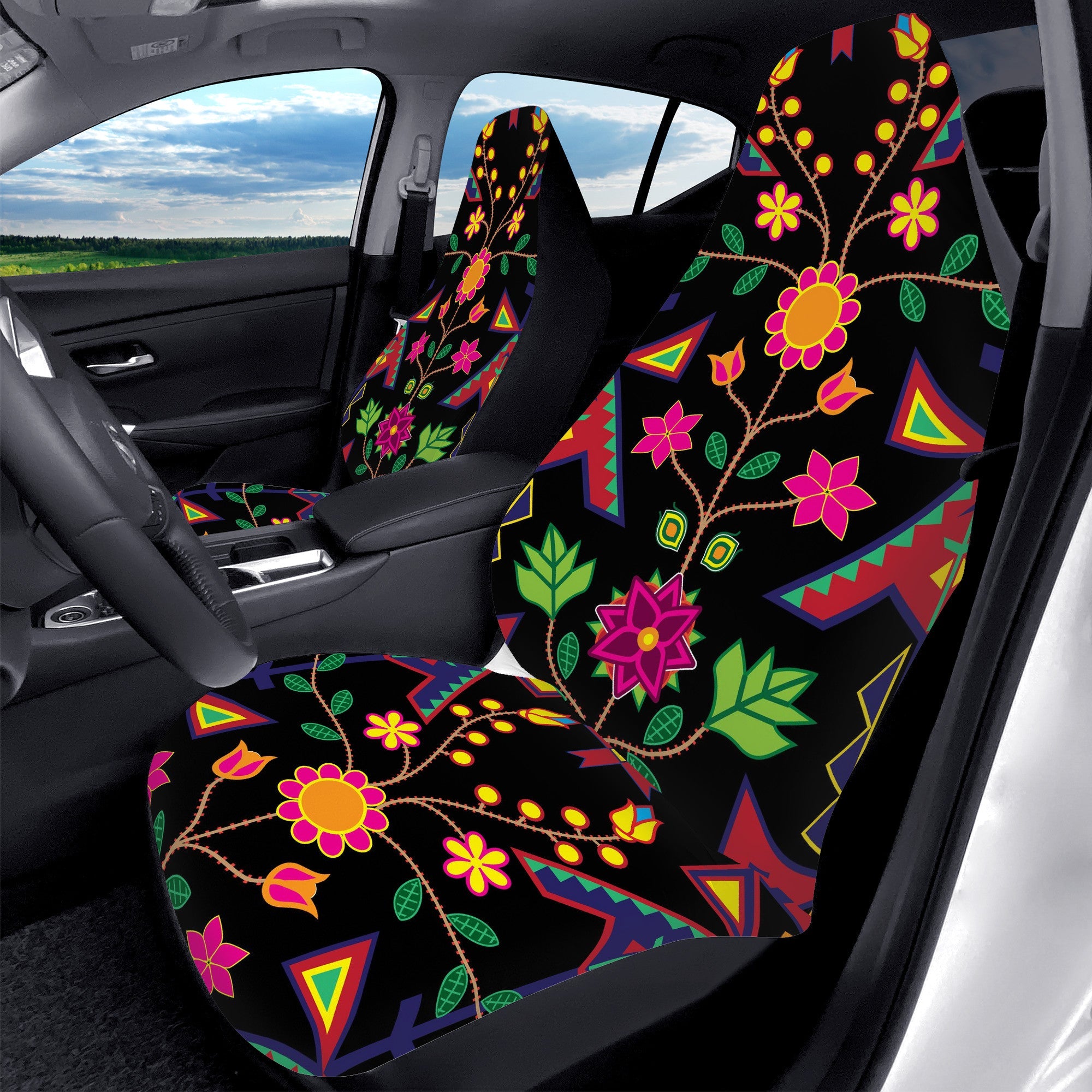 D50 Geometric Floral Spring Black Car Seat Covers automotive interior 49 Dzine