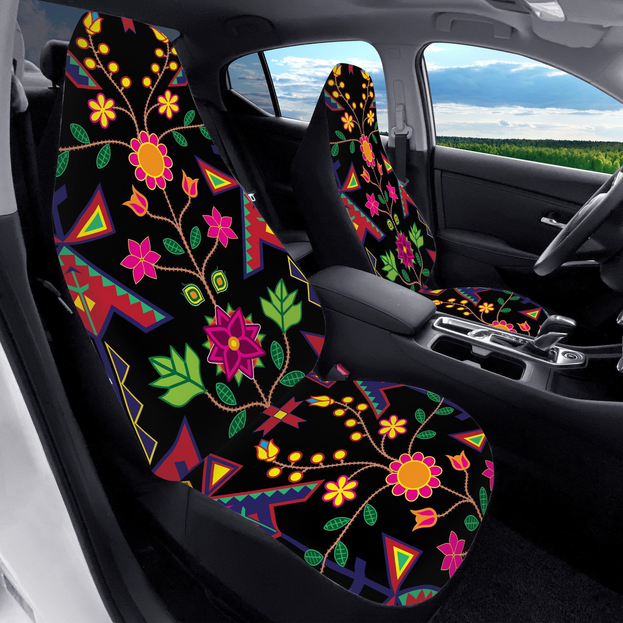 D50 Geometric Floral Spring Black Car Seat Covers automotive interior 49 Dzine