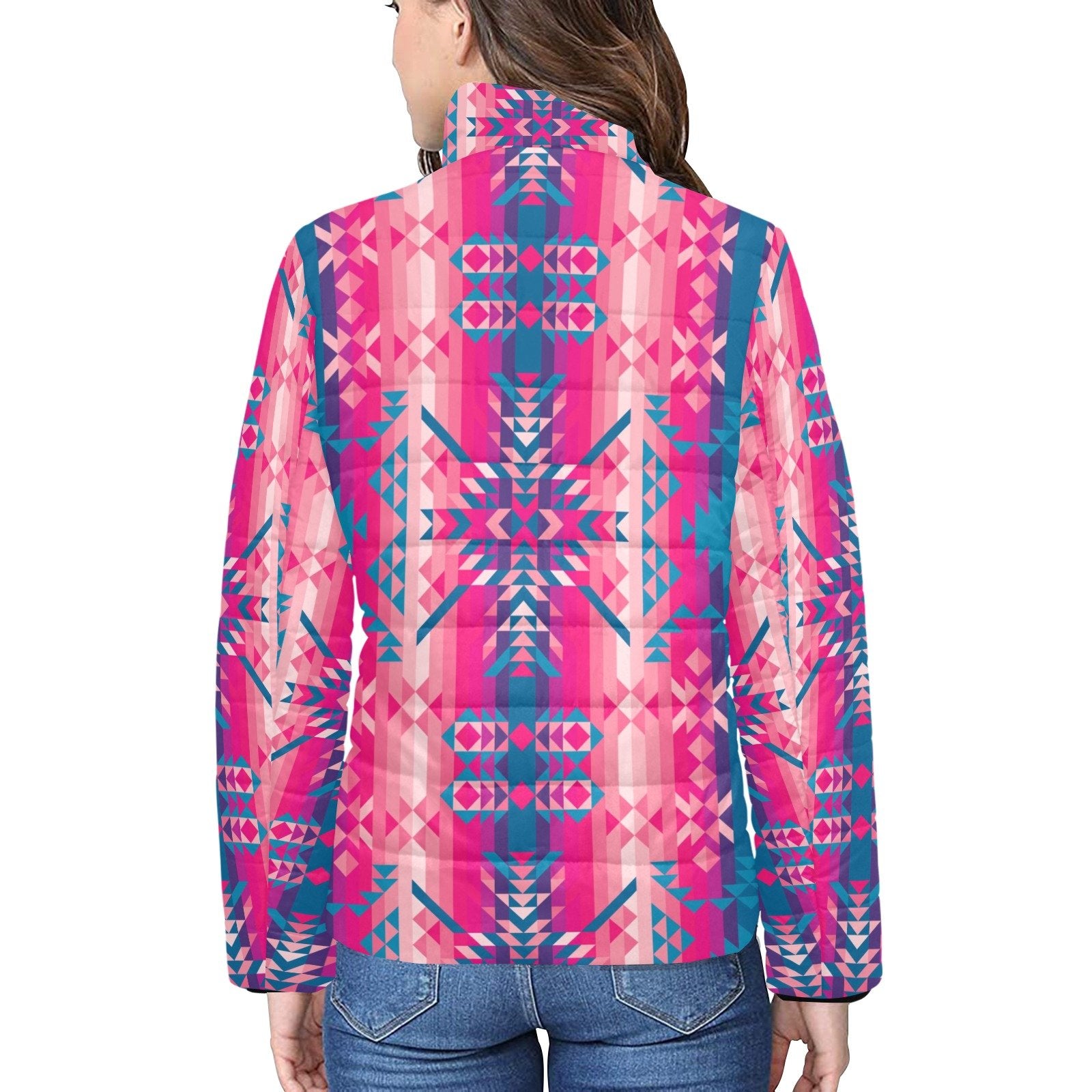 Desert Geo Blue Women's Stand Collar Padded Jacket (Model H41) jacket e-joyer