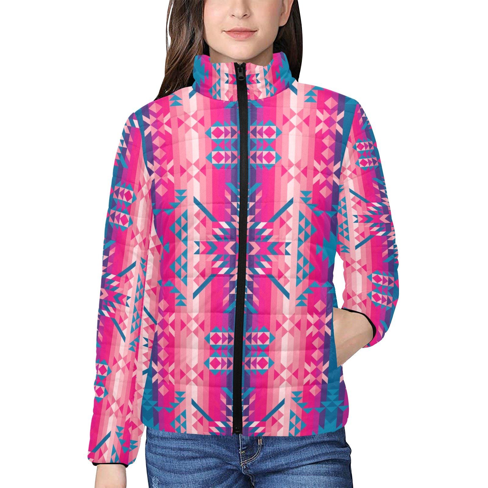 Desert Geo Blue Women's Stand Collar Padded Jacket (Model H41) jacket e-joyer