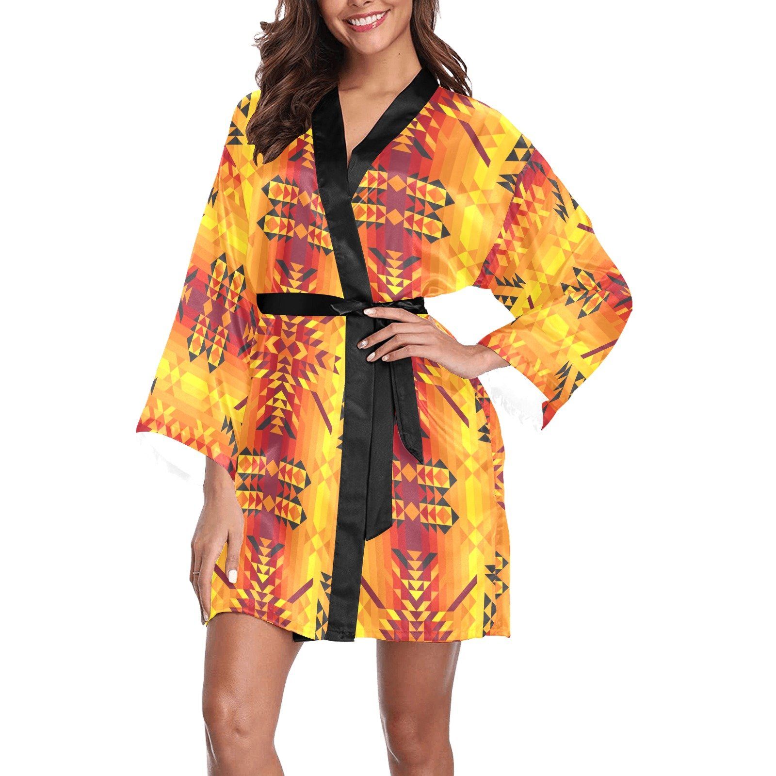 Desert Geo Yellow Red Long Sleeve Kimono Robe Long Sleeve Kimono Robe e-joyer 