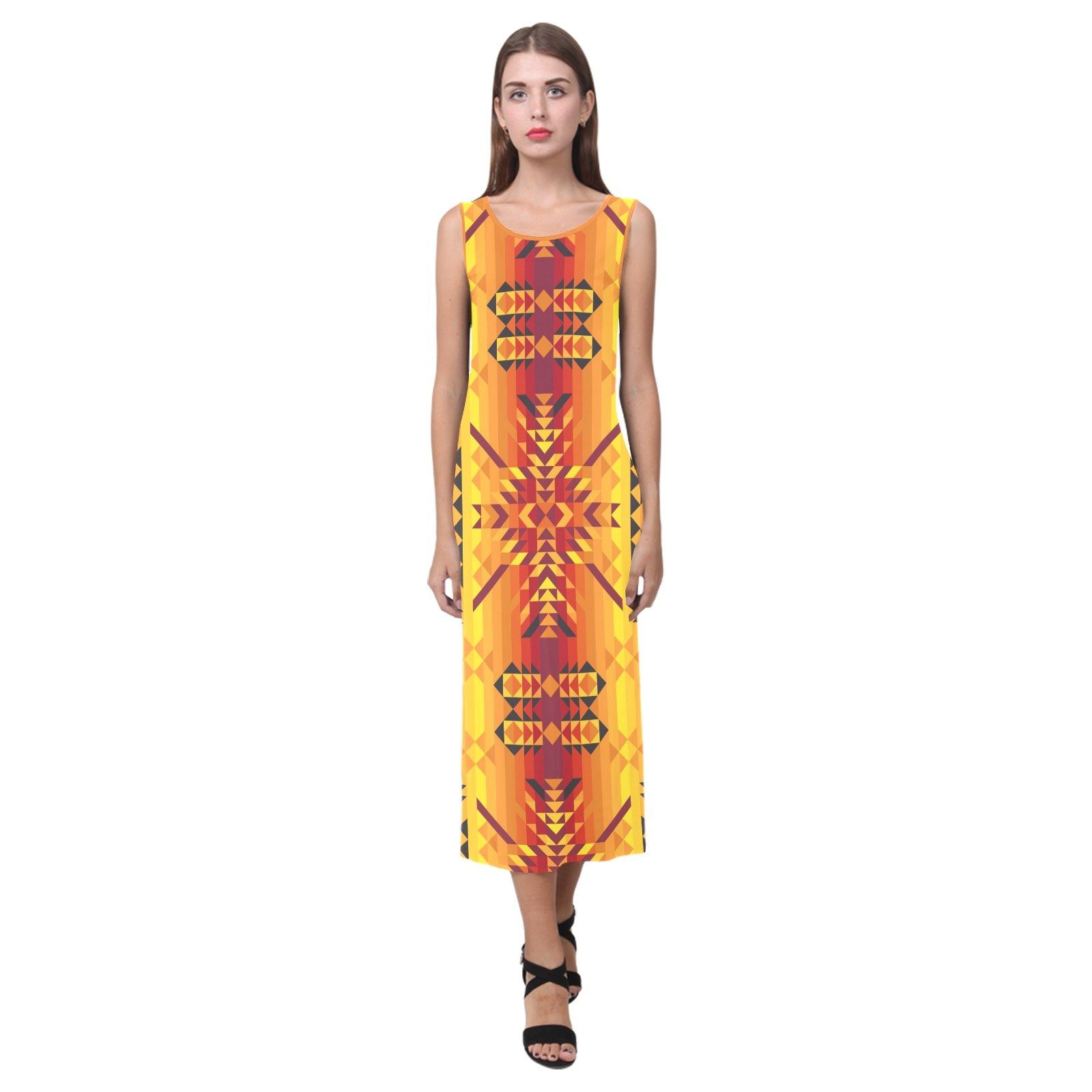 Desert Geo Yellow Red Phaedra Sleeveless Open Fork Long Dress (Model D08) Phaedra Sleeveless Open Fork Long Dress (D08) e-joyer